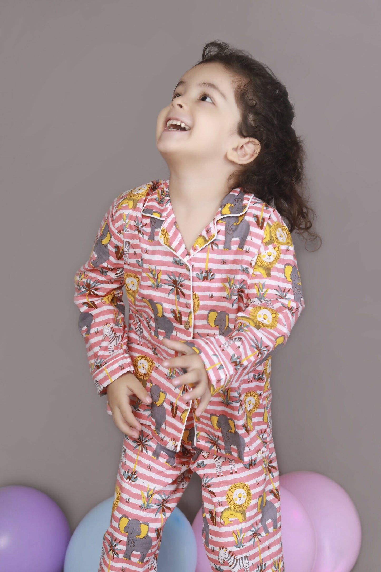 Breathables Kids Cotton Night Suit Red & White Jungle Stripe Shirt & Pyjama Co-Ord Set For Boys & Girls