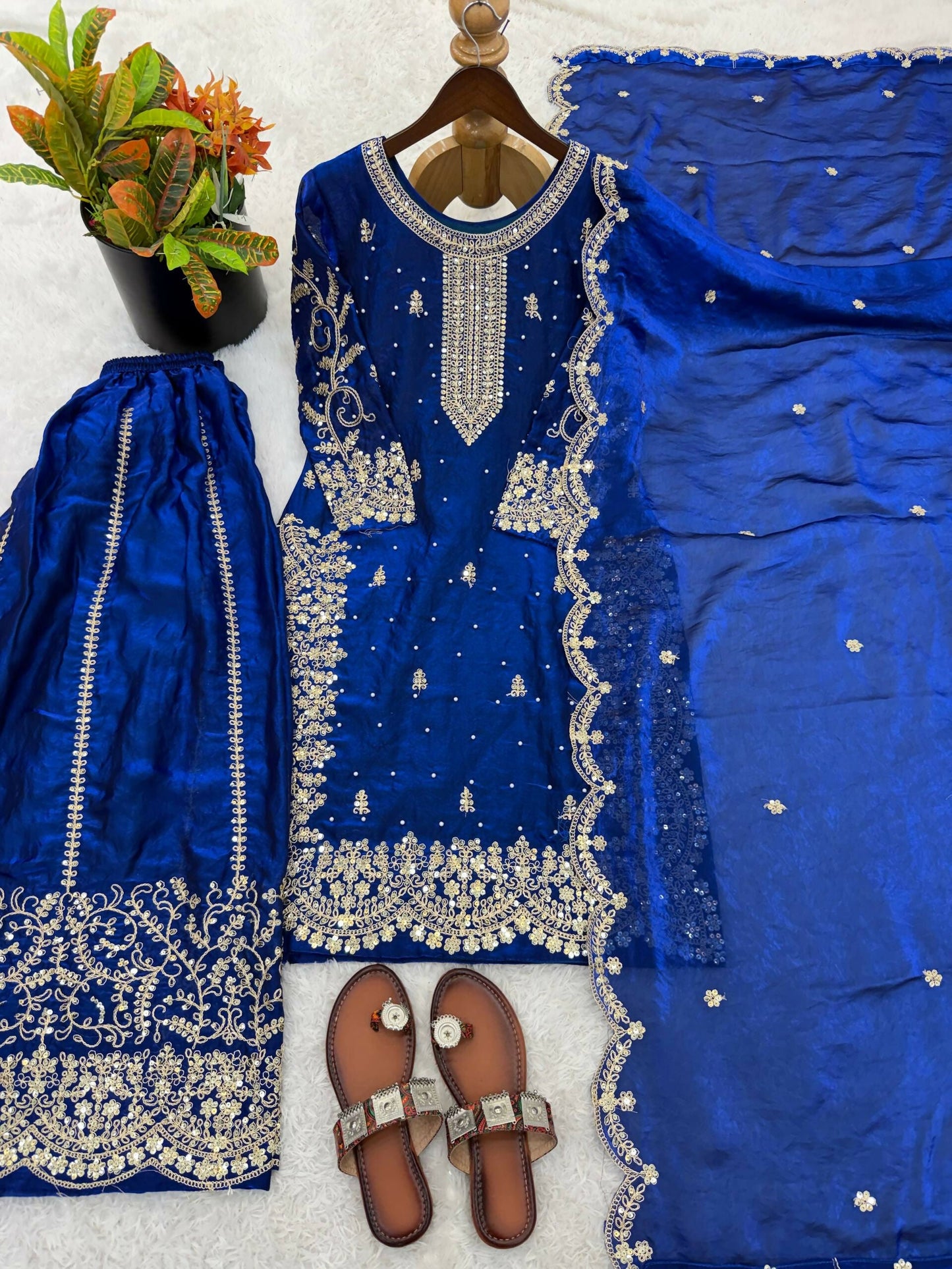 Teeya Creation Womens New Trendy Embroidery Coding And Sequence Work Royal Blue Kurta Set