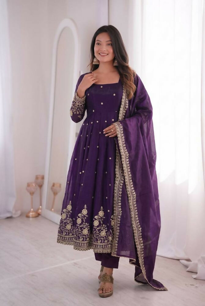 Teeya Creation Womens New Latest Trendy Elegant Dark Blue Embroidered Anarkali Suit Set with Scalloped Dupatta
