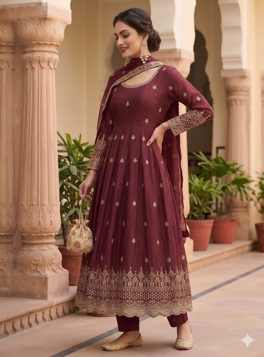 Teeya Creation Womens New Regal Maroon Embroidered Anarkali Gown Set