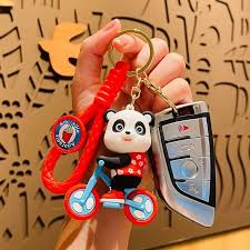 Red Panda On Cycle Keychain | 3D Lanyard Keychain | Silicone | Premium |