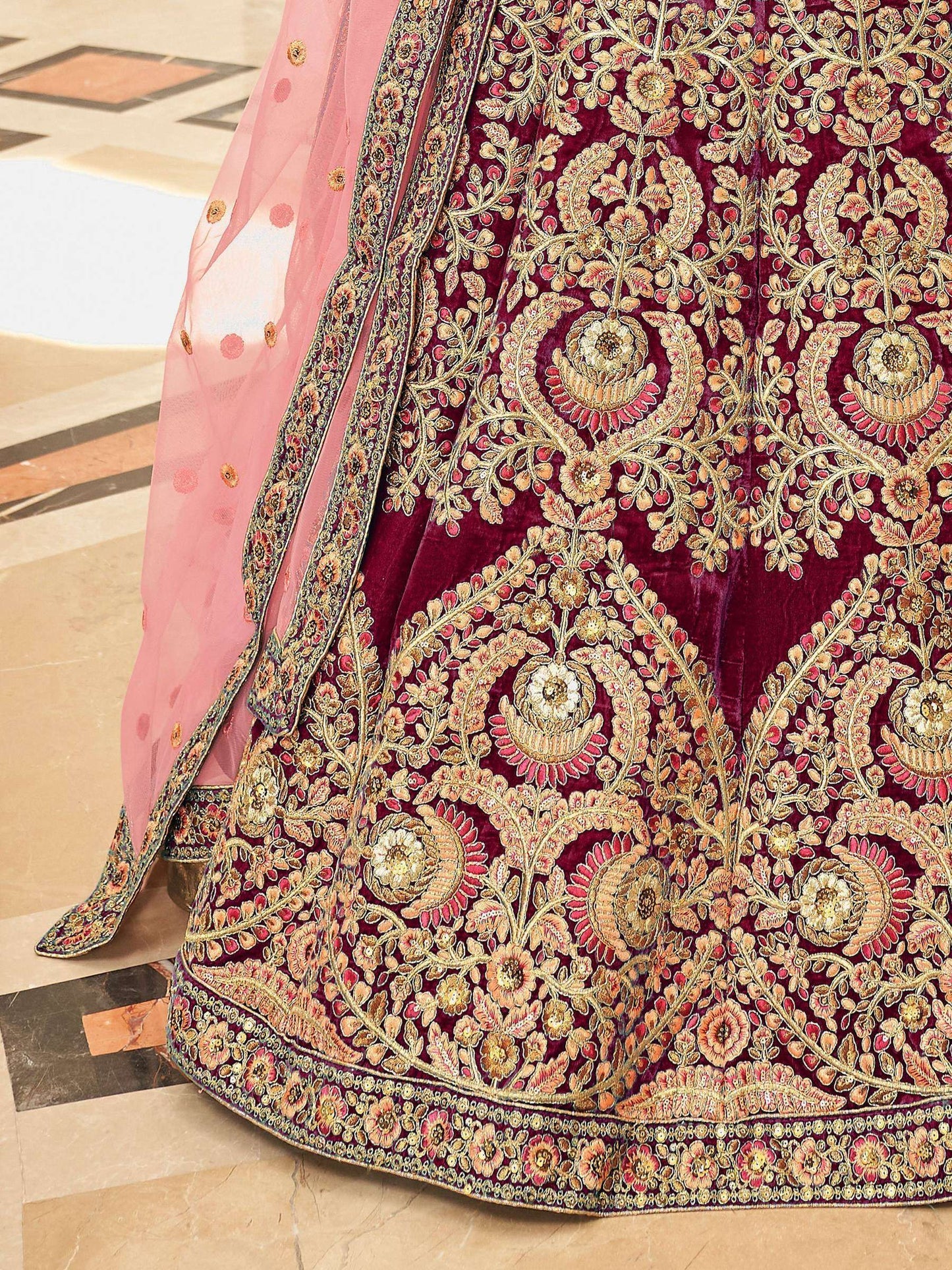 Tulsi Art Incredible Maroon Embroidered Velvet Bridal Wear Lehenga Choli
