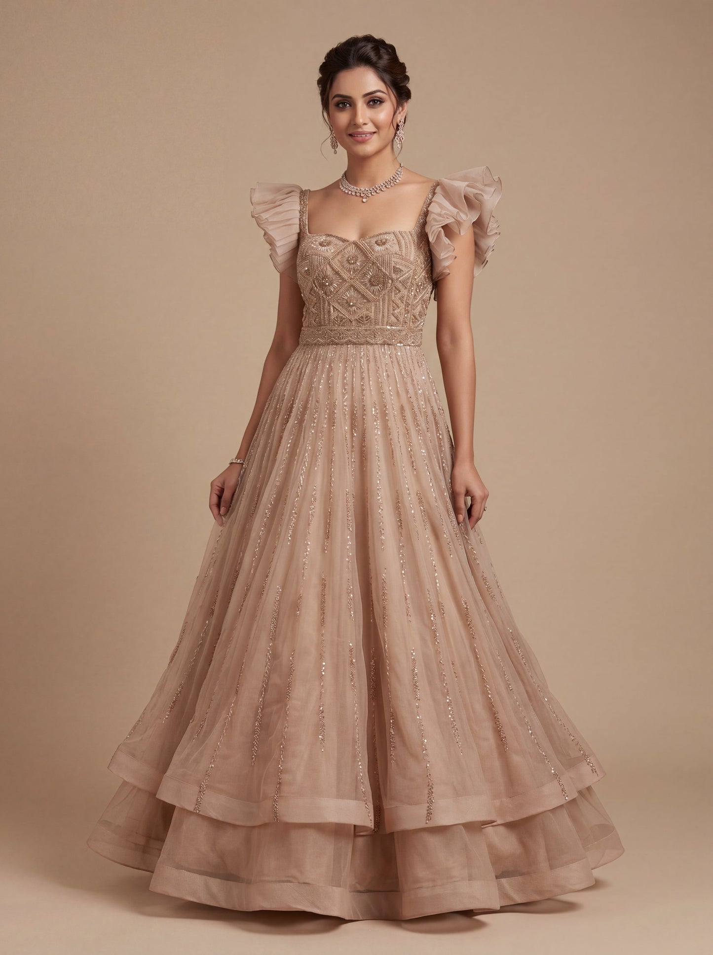 Ivory Contemporary Lehenga Gown With Layered Volume
