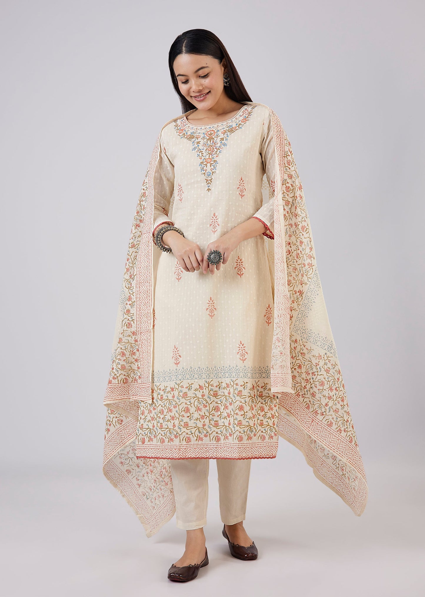 Ivory Cotton Kurta Set With Hand Block Print
