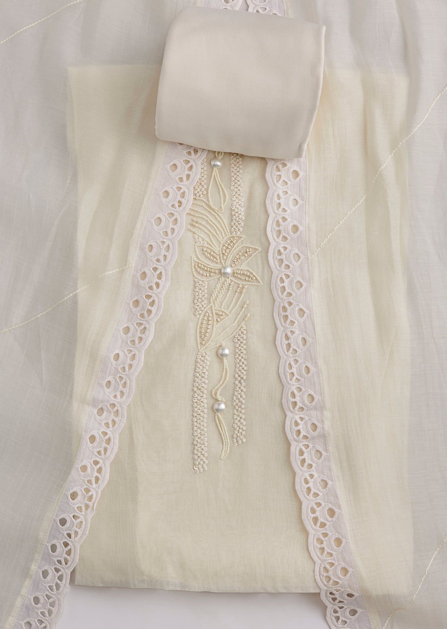 Ivory Cotton Lace Embroidered Unstitched Suit Set With Dupatta