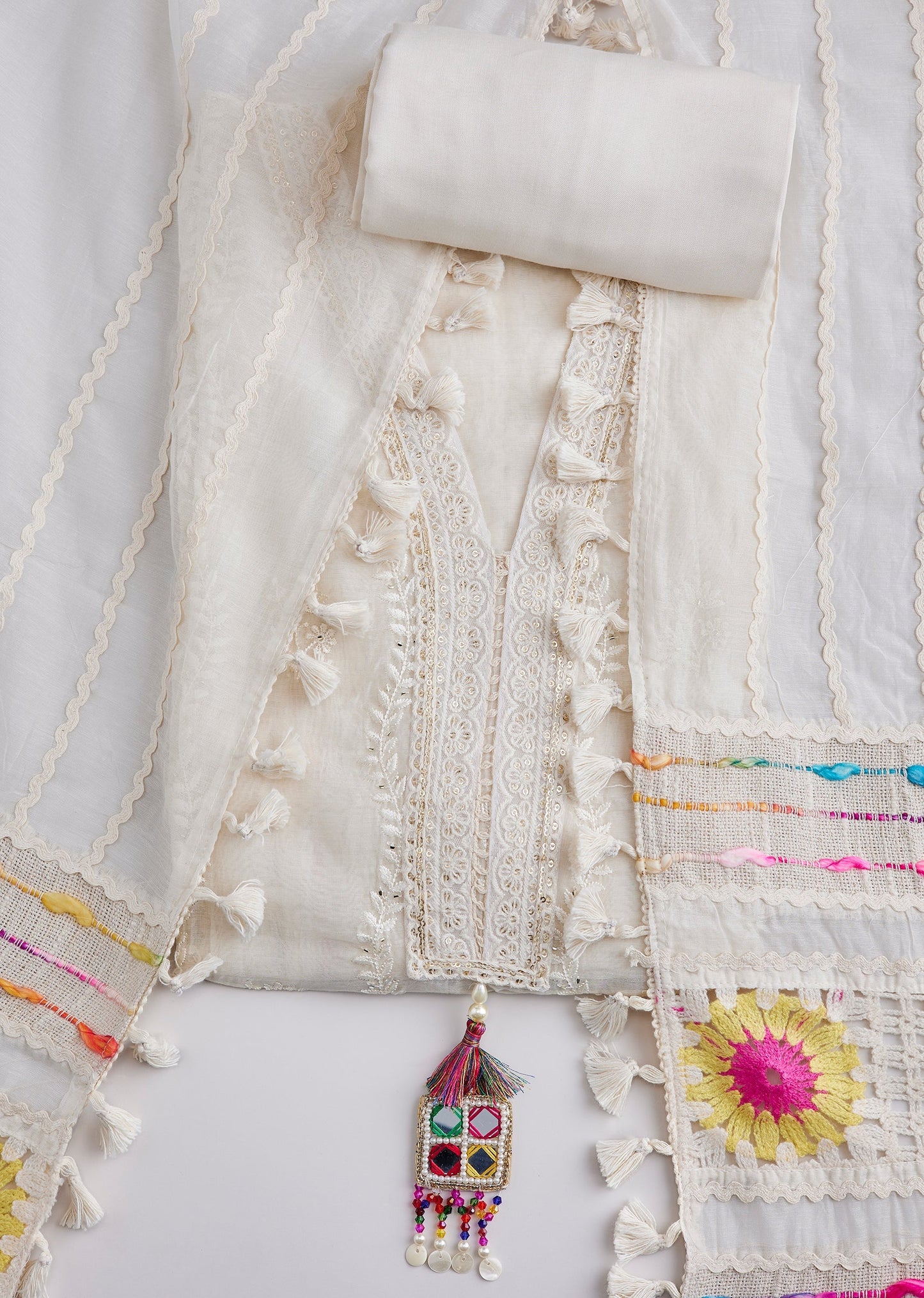 Ivory Cotton Lace Work Unstitched Suit Set With Dupatta