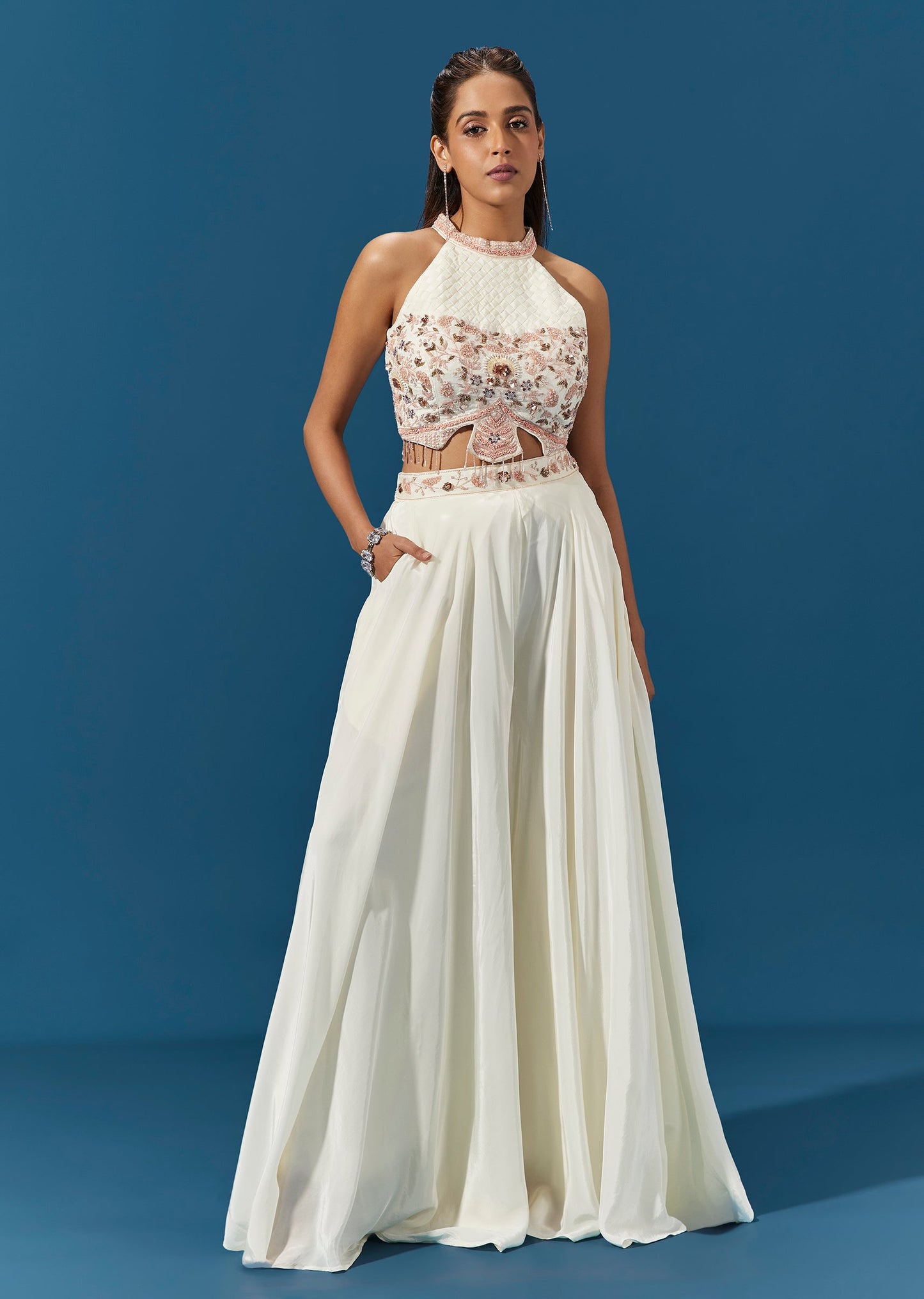 Ivory Crepe Crop Top Palazzo Set With Smocked Embellished Bodice