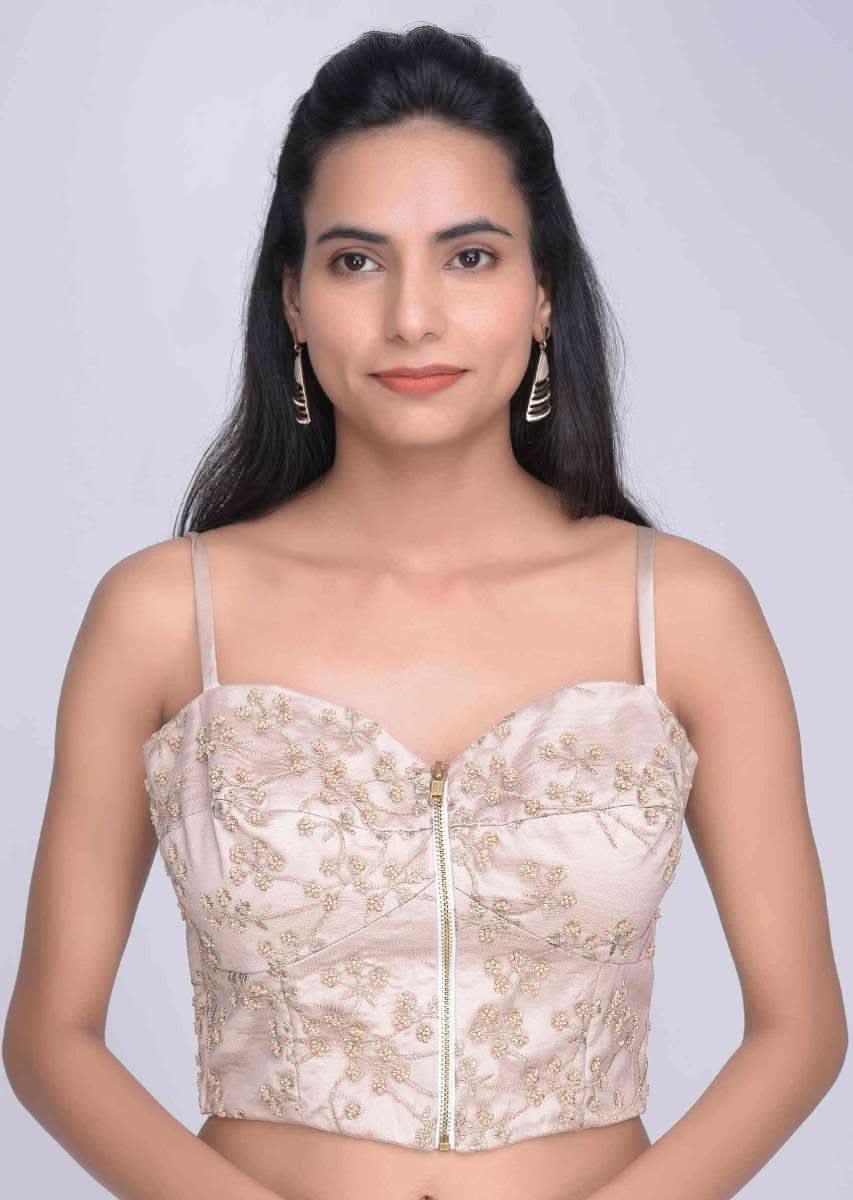 Ivory Corset Blouse In Embroidered Net With Satin Underlayer Online - Kalki Fashion