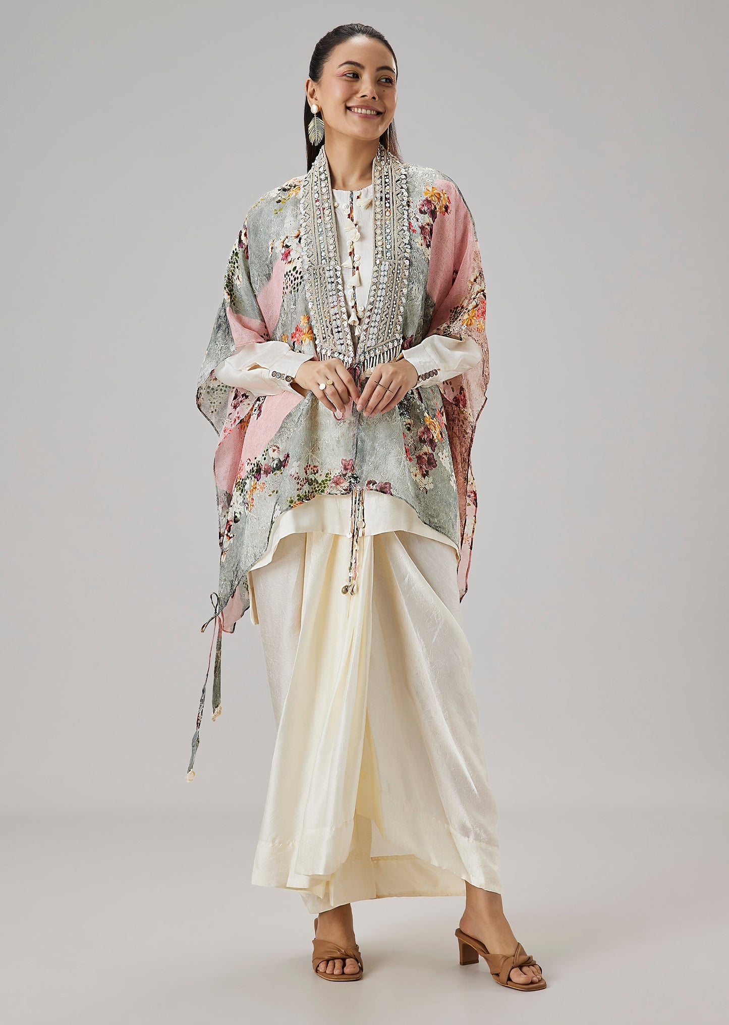 Ivory Floral Printed Cape And Drape Skirt Set