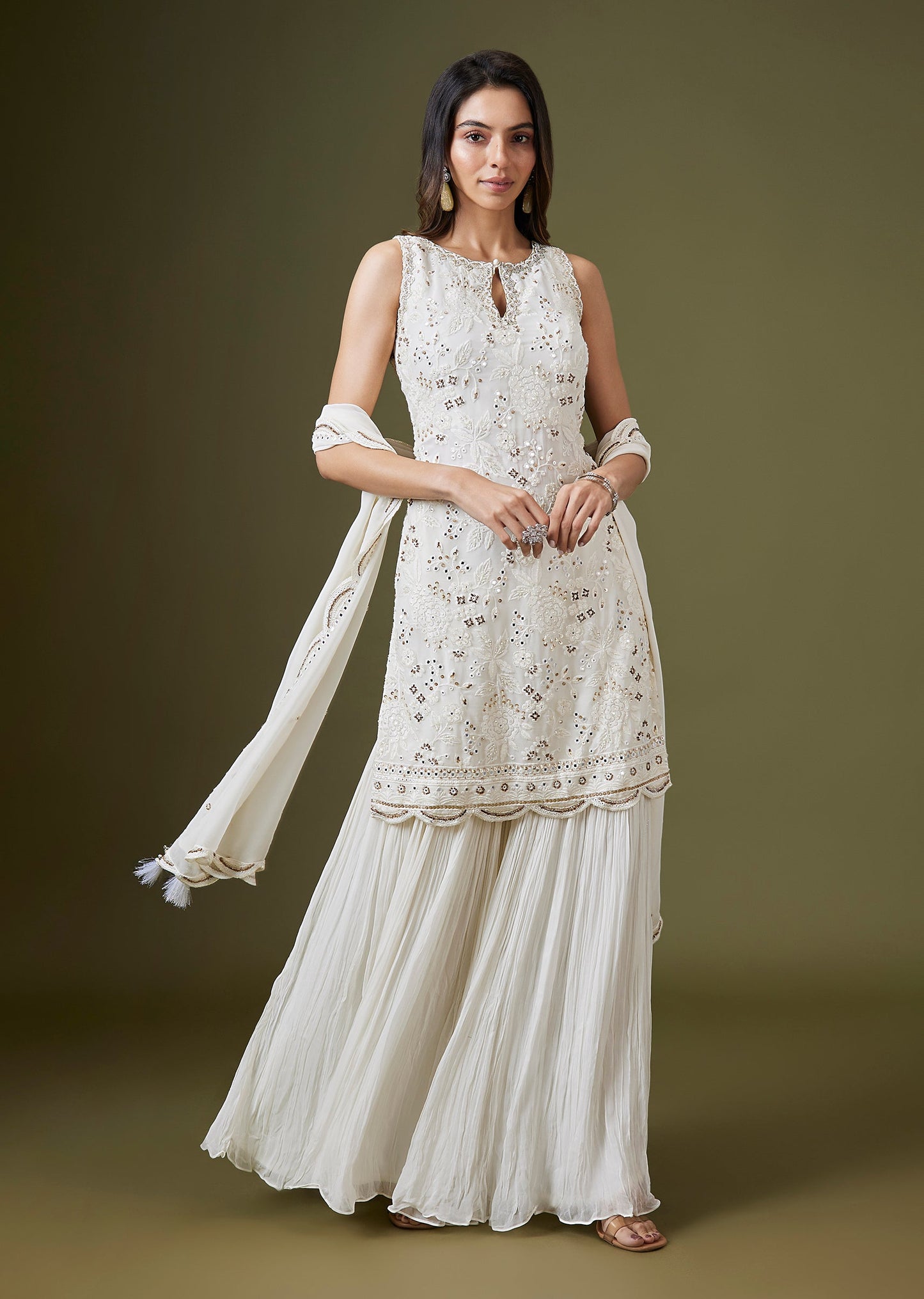Ivory Georgettte Mirror Embellished Sharara Suit Set