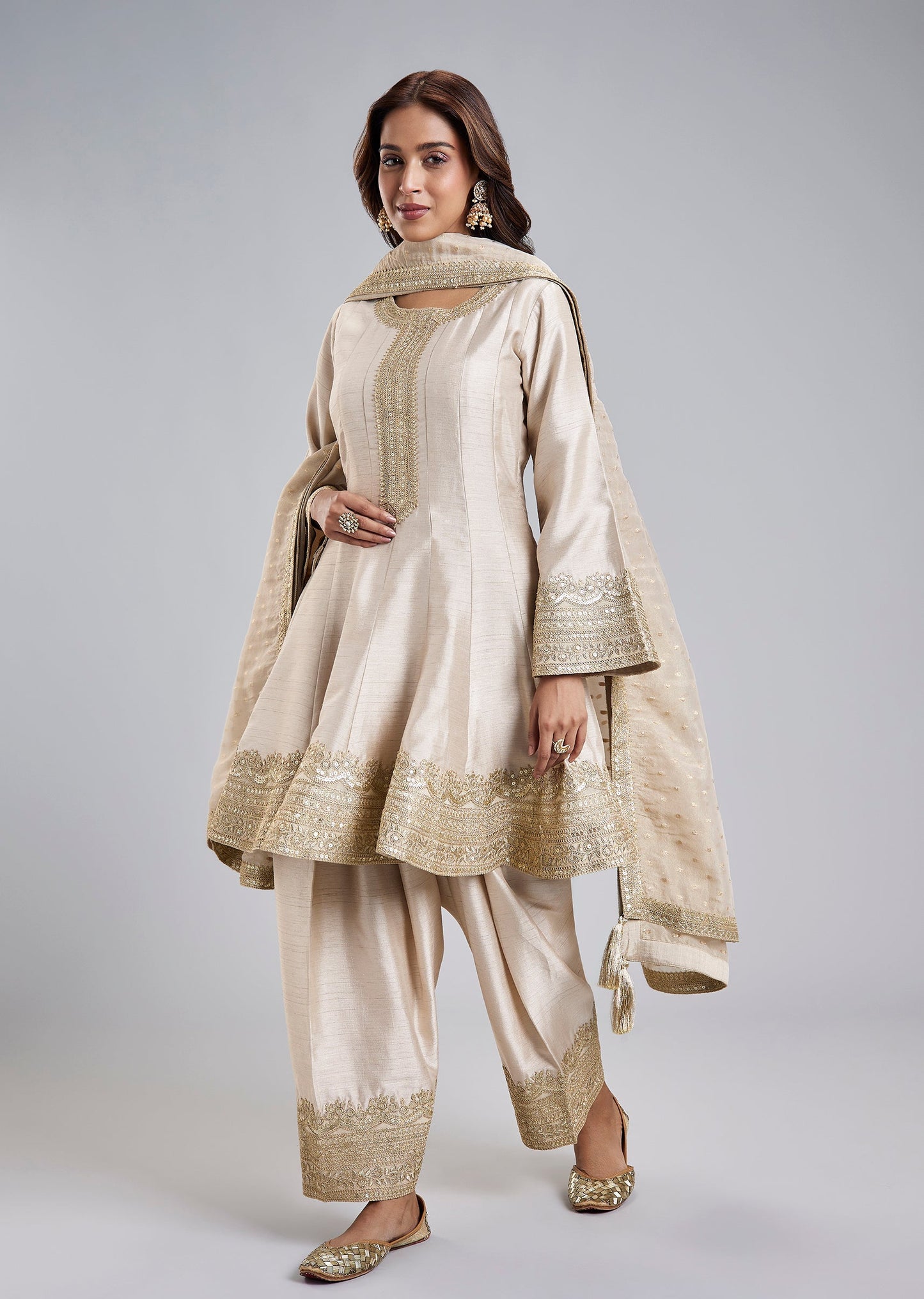 Ivory Gold Bemberg Silk Kurta Set With Zari Lace Work And Dupatta