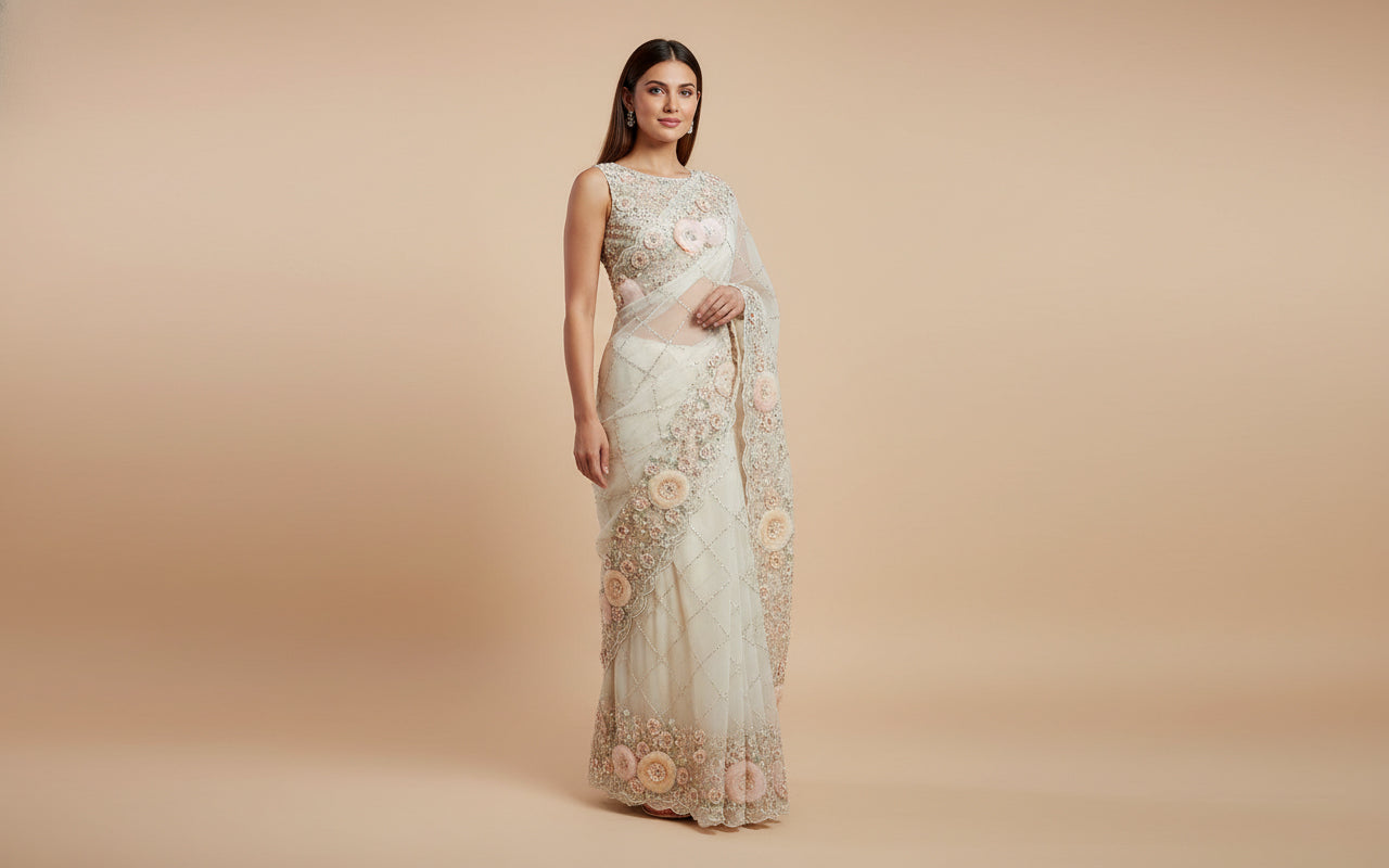 Ivory Opulent Embroidered Saree