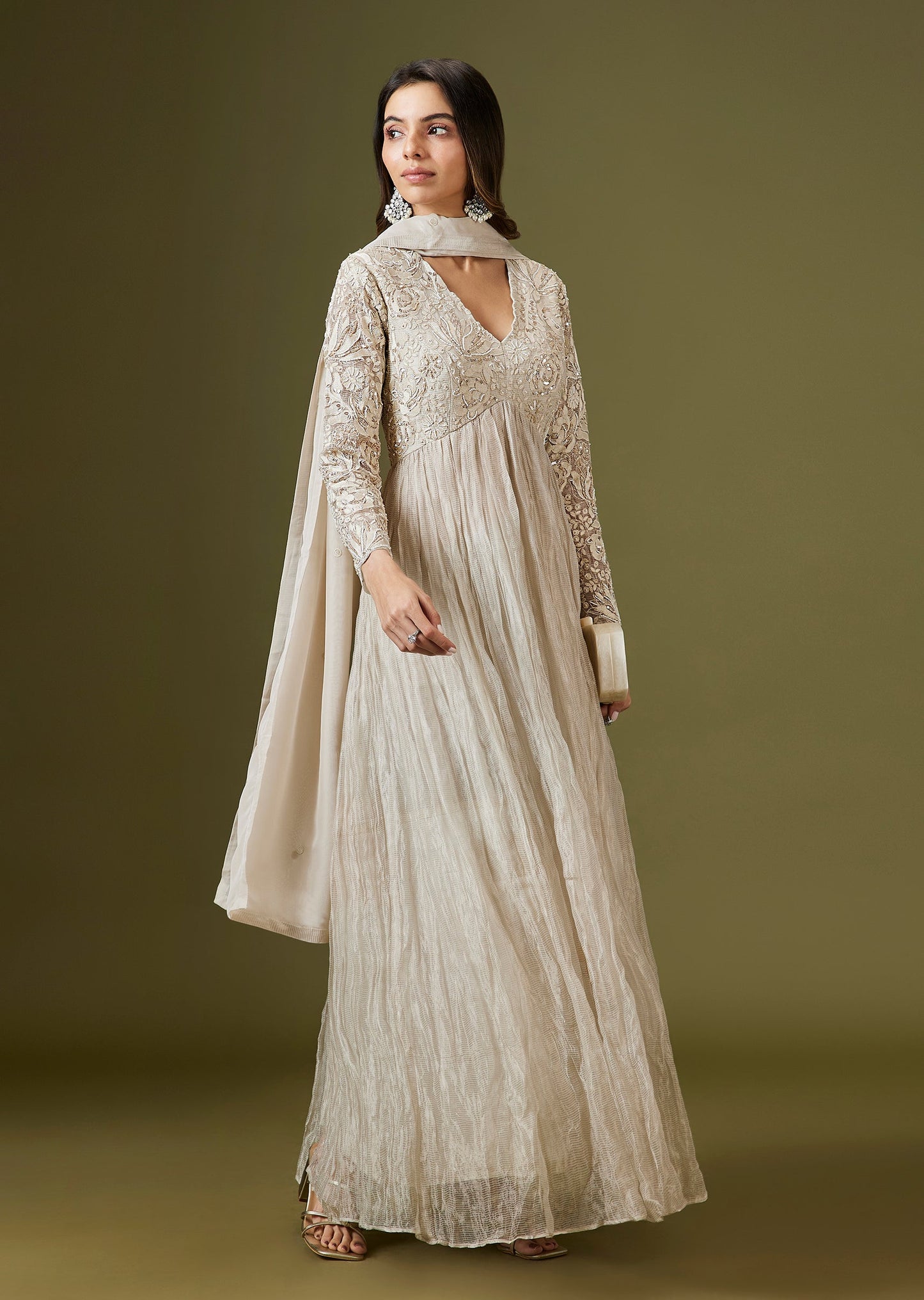 Ivory Tissue Anarkali Set With Sequins And Patchwork Embellishments