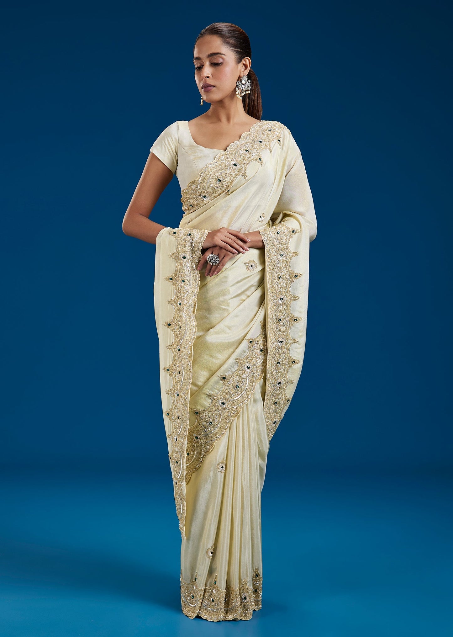 Ivory Tissue Saree With Hand Embroidered Zardosi Border