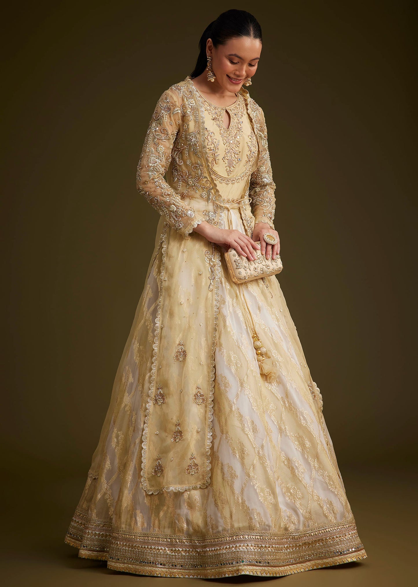 Ivory And Gold Banarasi Silk Anarkali With Embroidered Jacket And Dupatta