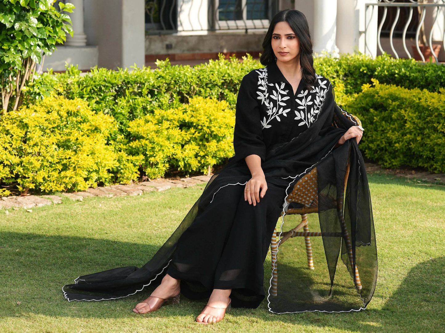 Nikhaar Black Embroidered Viscose Georgette Stitched Straight Cut Kurta Culottes Dupatta Readymade Suit