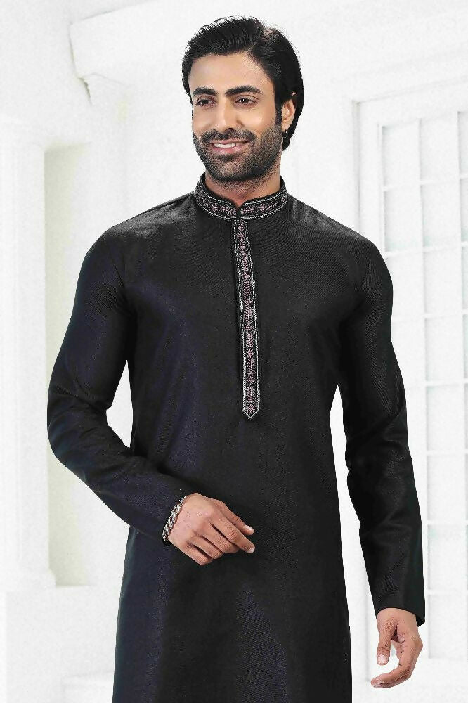 Raivat Ethnic Linen Cotton Thread Work Kurta Pajama In Black Colour