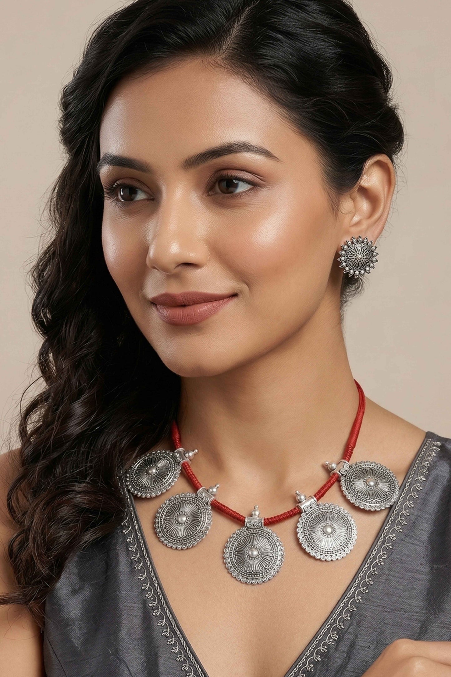 Oxidized Red Silver-Plated Jewellery Set