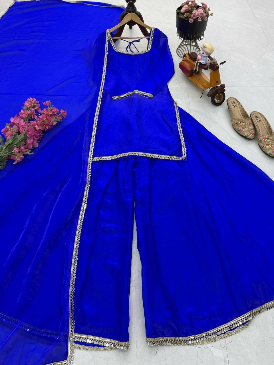 Teeya Creation Womens New Trending Less and Mirror Work Kurta Palazzo Set - Dark-Royal-Blue