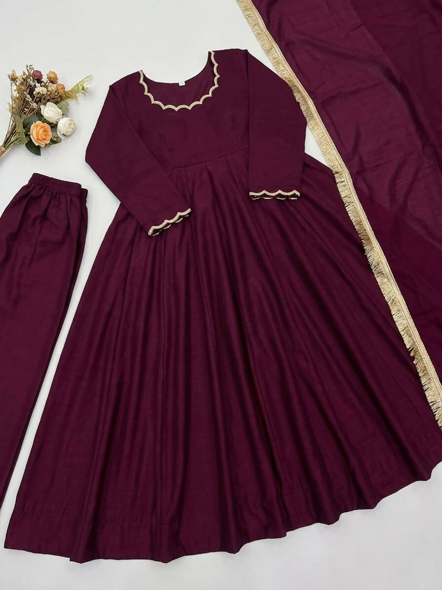 Teeya Creation Wine Solid Silk Blend Anarkali Suit With Pants And Dupatta
