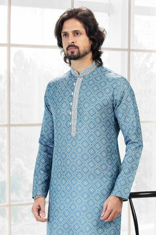 Raivat Ethnic Cotton Thread Work Kurta Pajama In Blue Colour