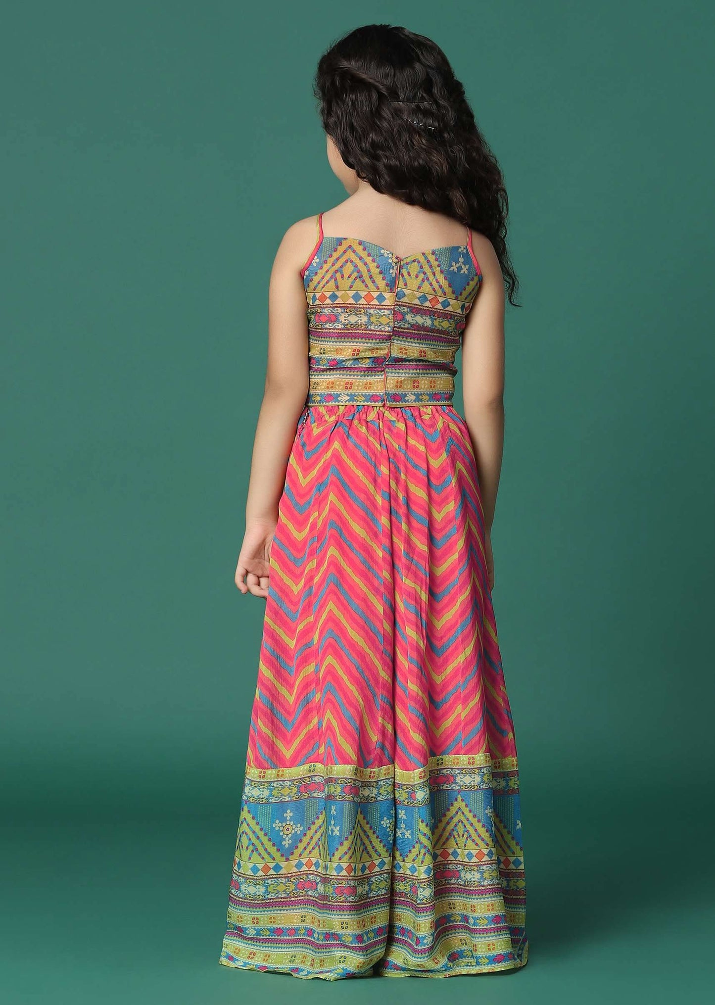 Kalki Multi Colored Printed Top And Palazzo Set With Jacket In Pure Chinon For Girls