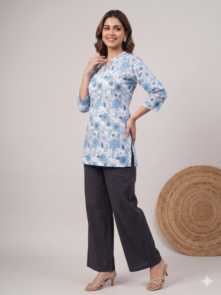 Teeya Creation Womens New Trendy Blue Floral Printed Short Kurti with Beige Palazzo Set