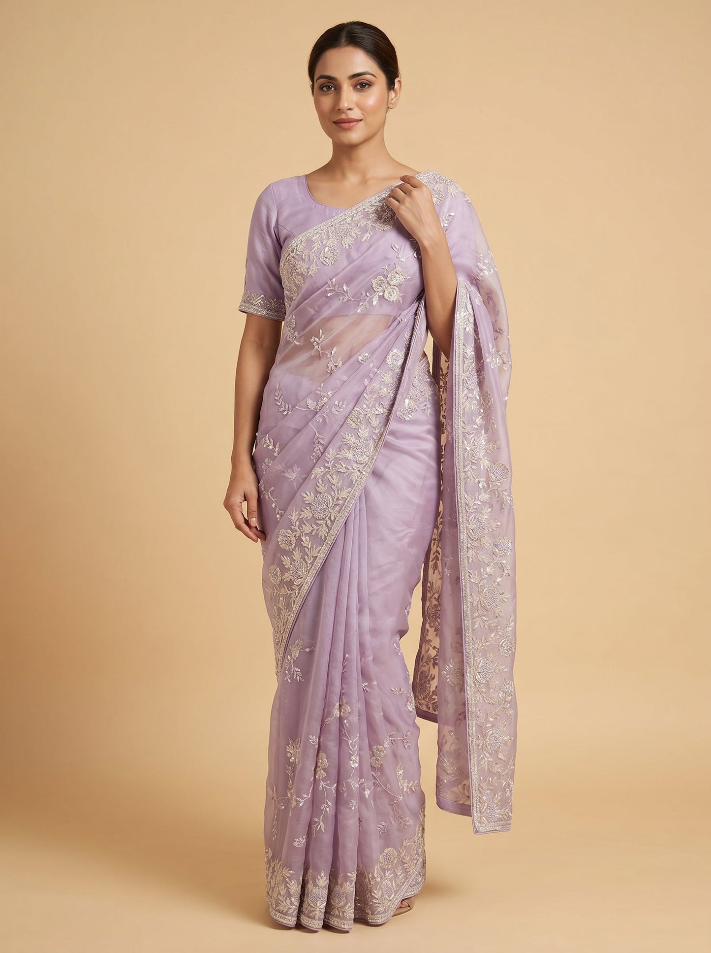 Lavender Powder Bloom Embroidered Saree