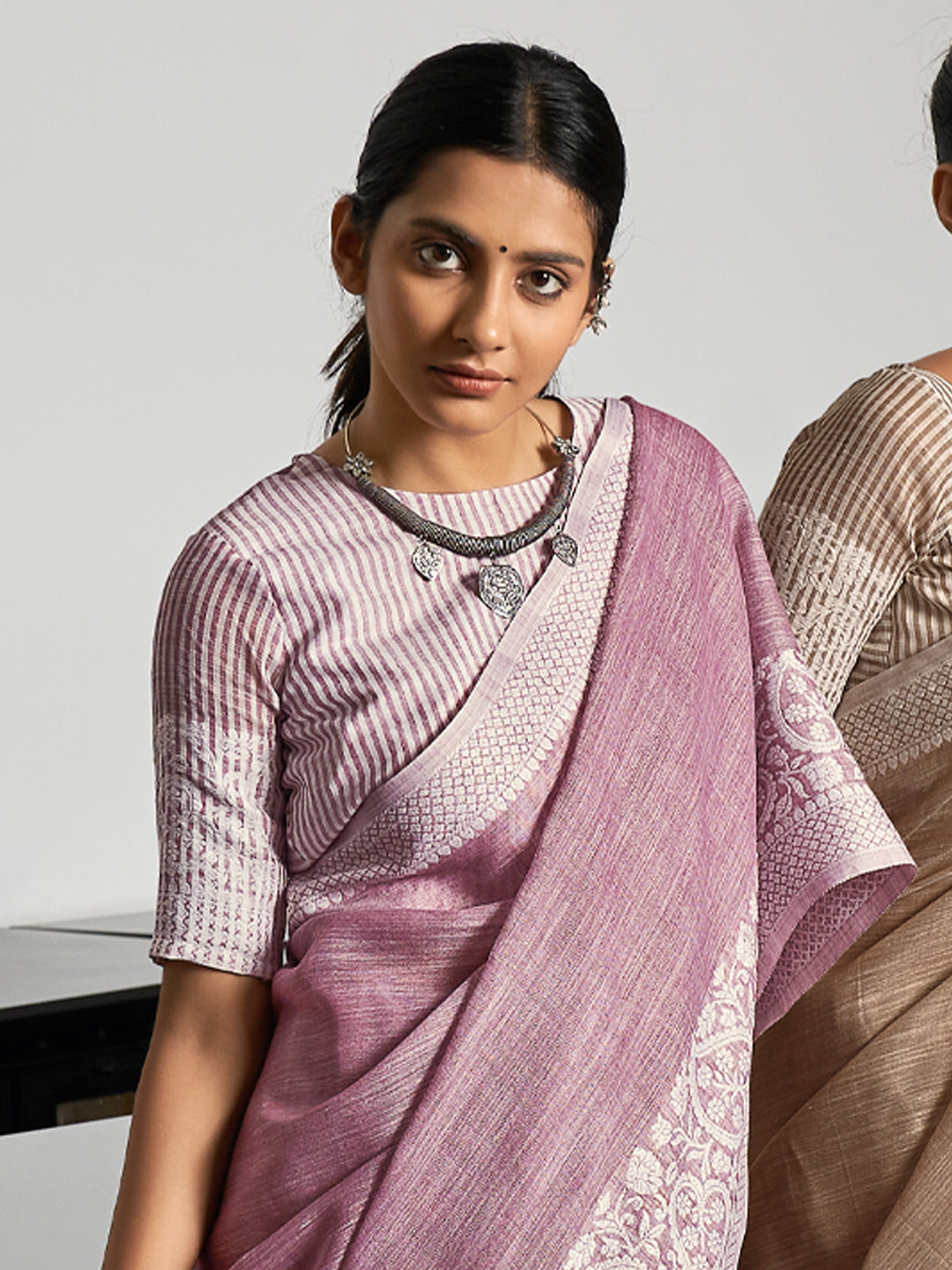Anaita Lavender Linen Zari Work Saree With Blouse