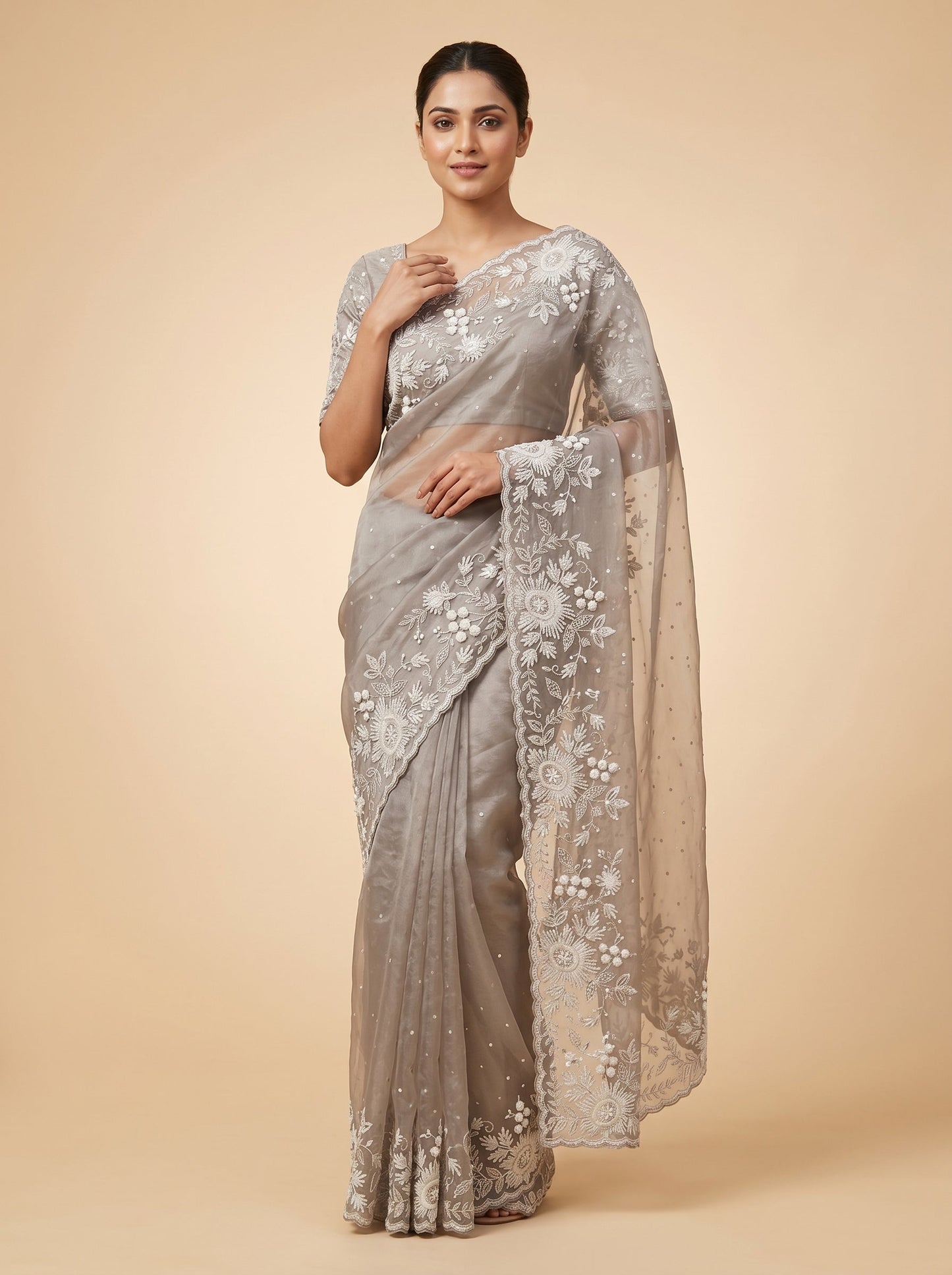 Light Coffee Mocha Elegance Embroidered Saree