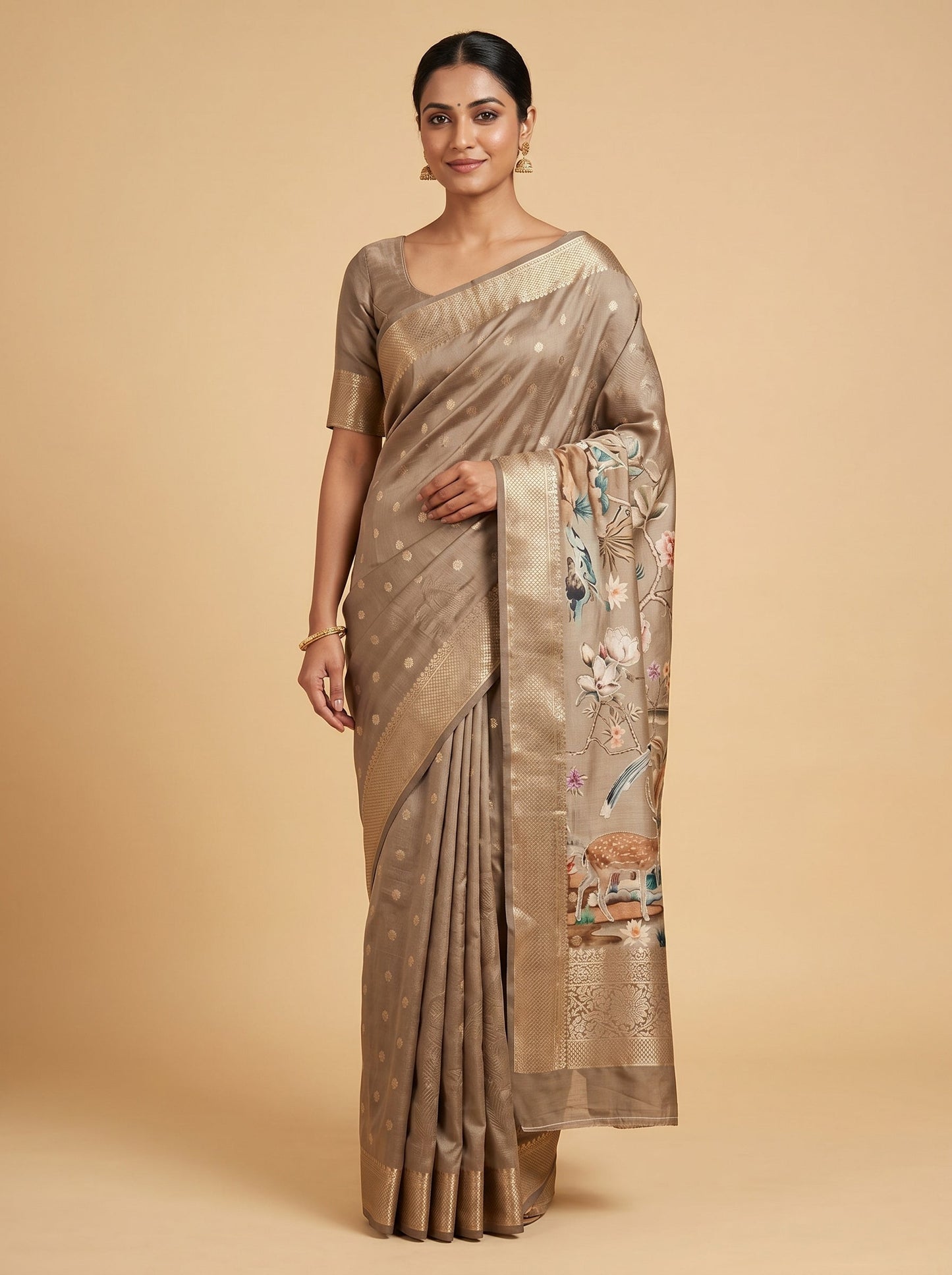 Light Gold Soft Sheen Print Saree