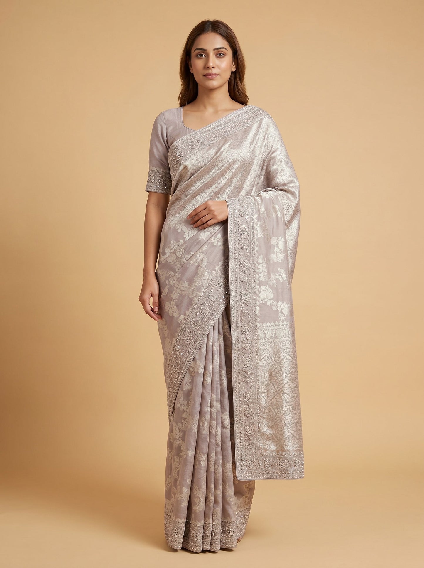 Light Grey Contemporary Embroidered Saree