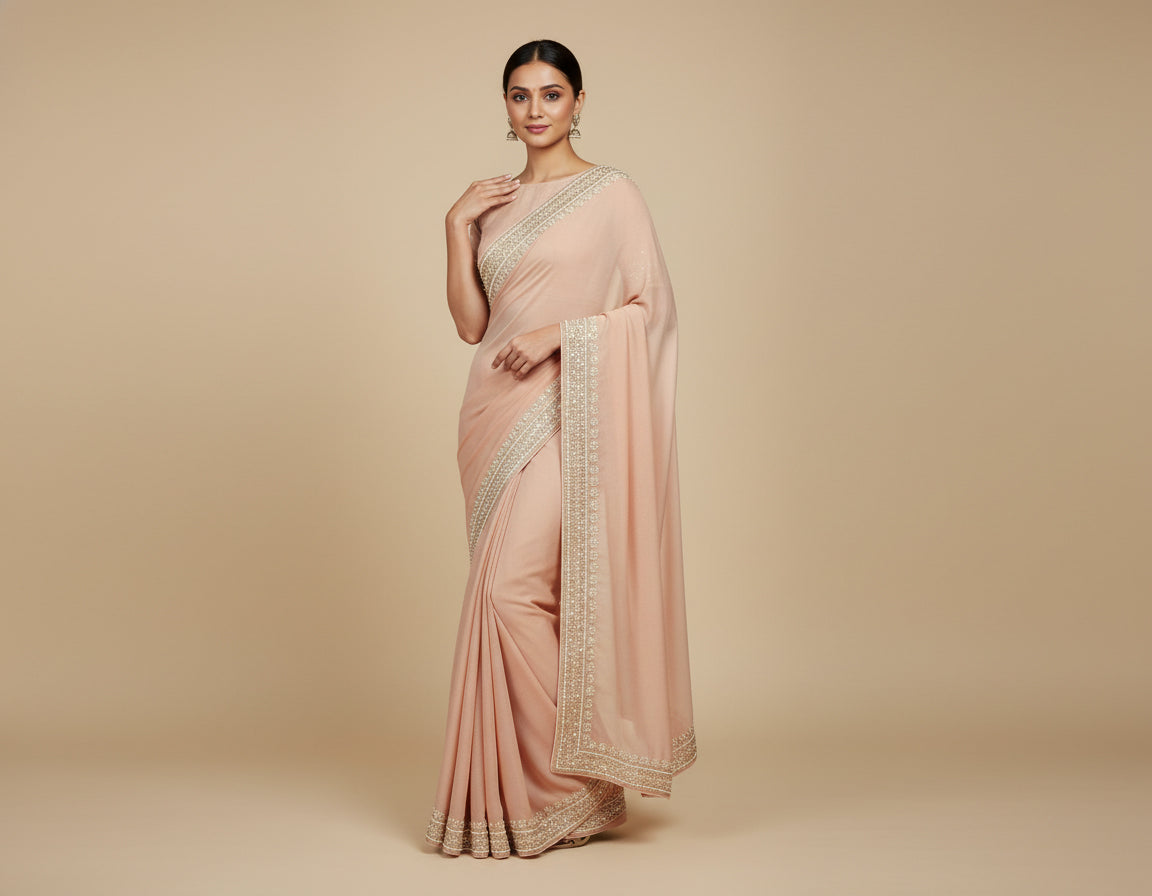 Light Peach Polished Embroidered Saree