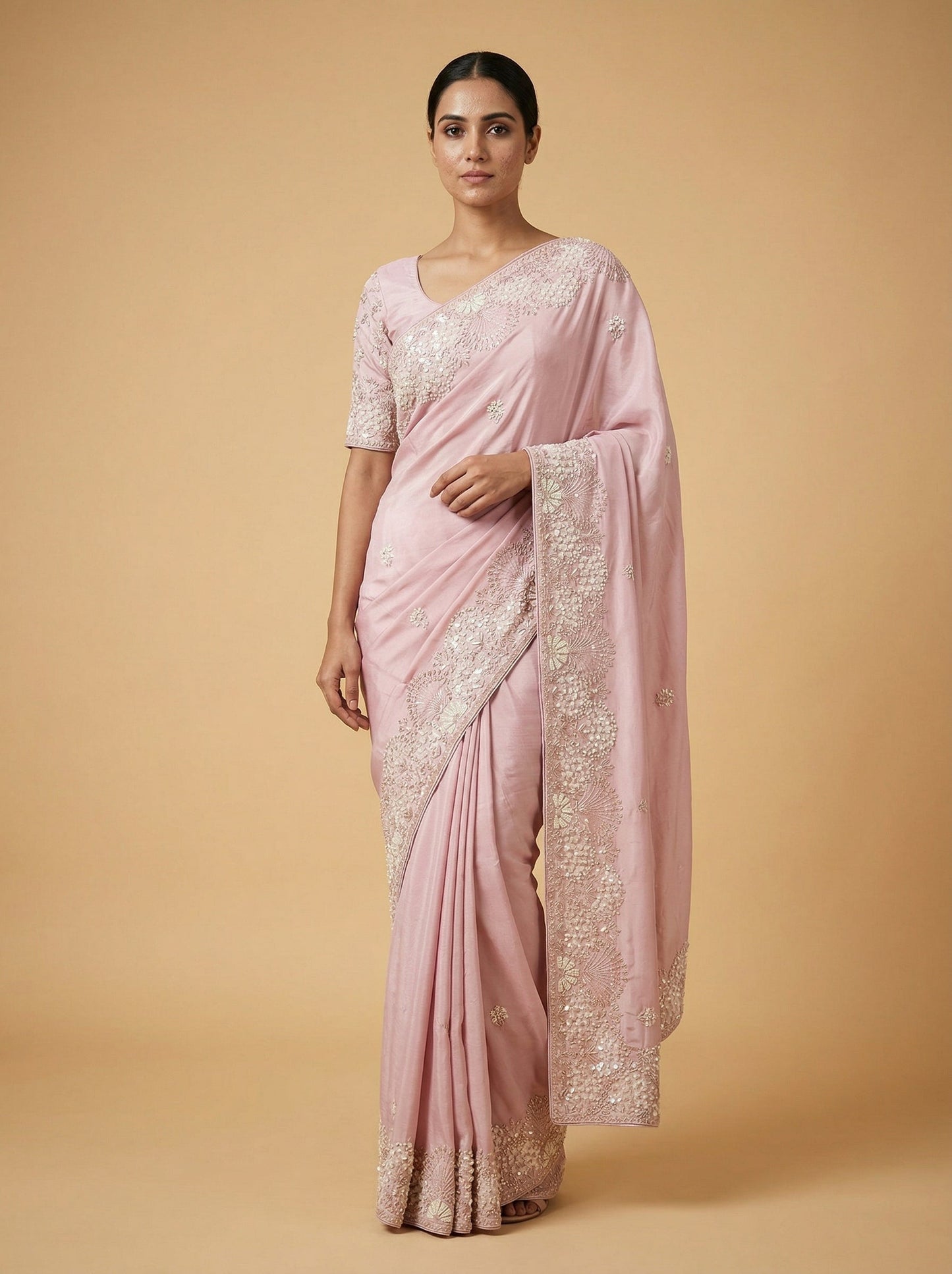 Light Pink Rosy Embroidered Saree