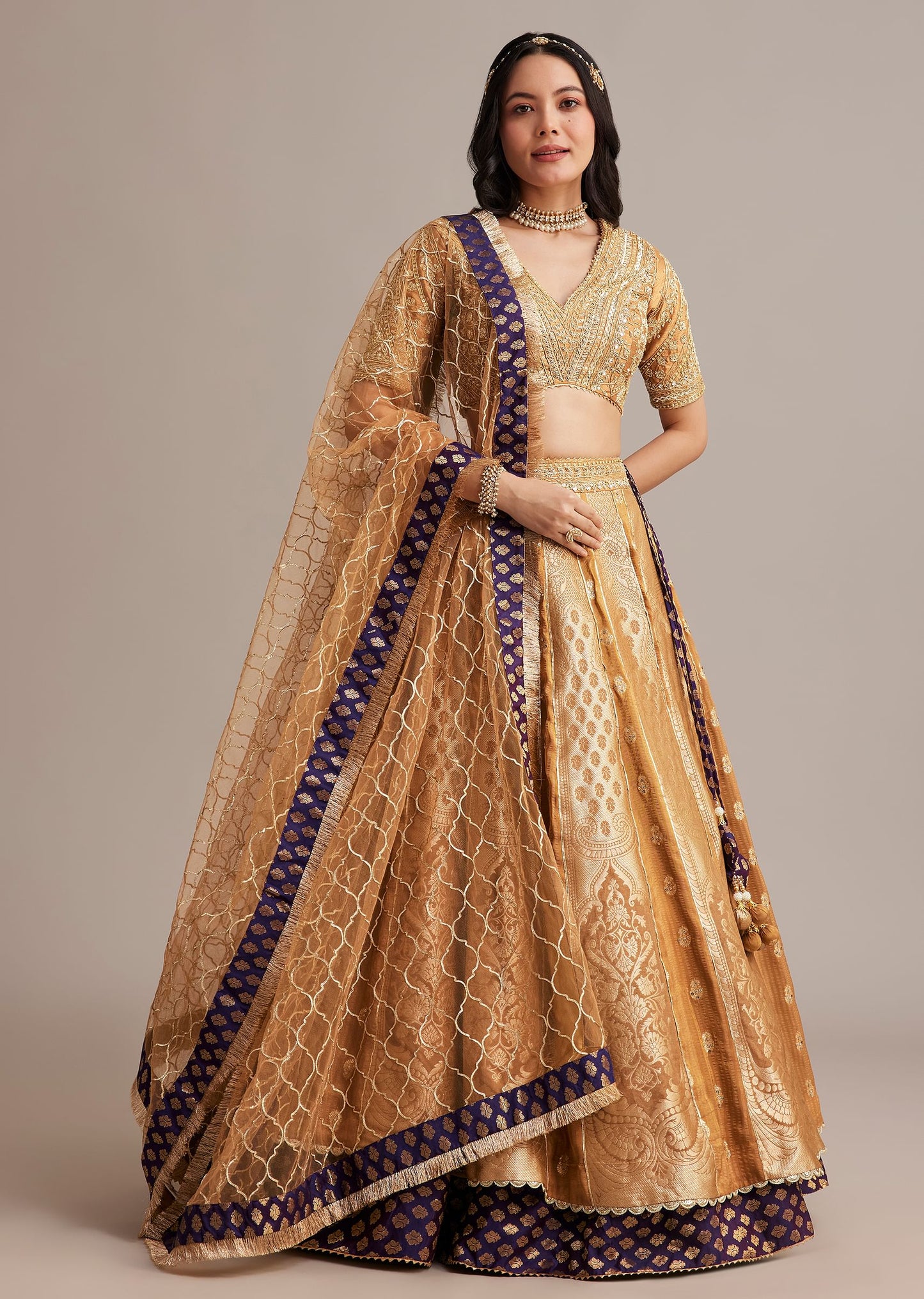 Light Brown Banarasi Silk Lehenga Set With Zardosi Work