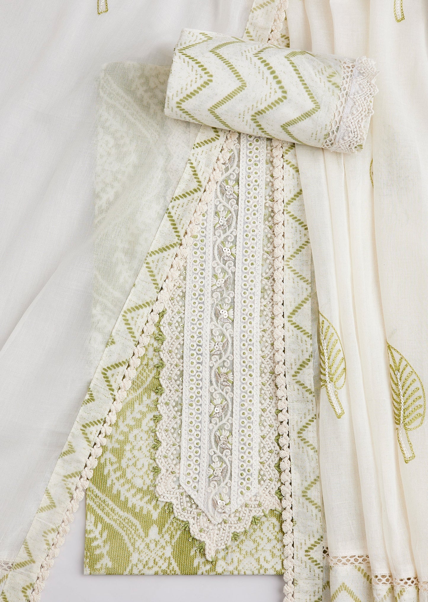 Lime Green Cotton Printed Unstitched Suit Set With Dupatta