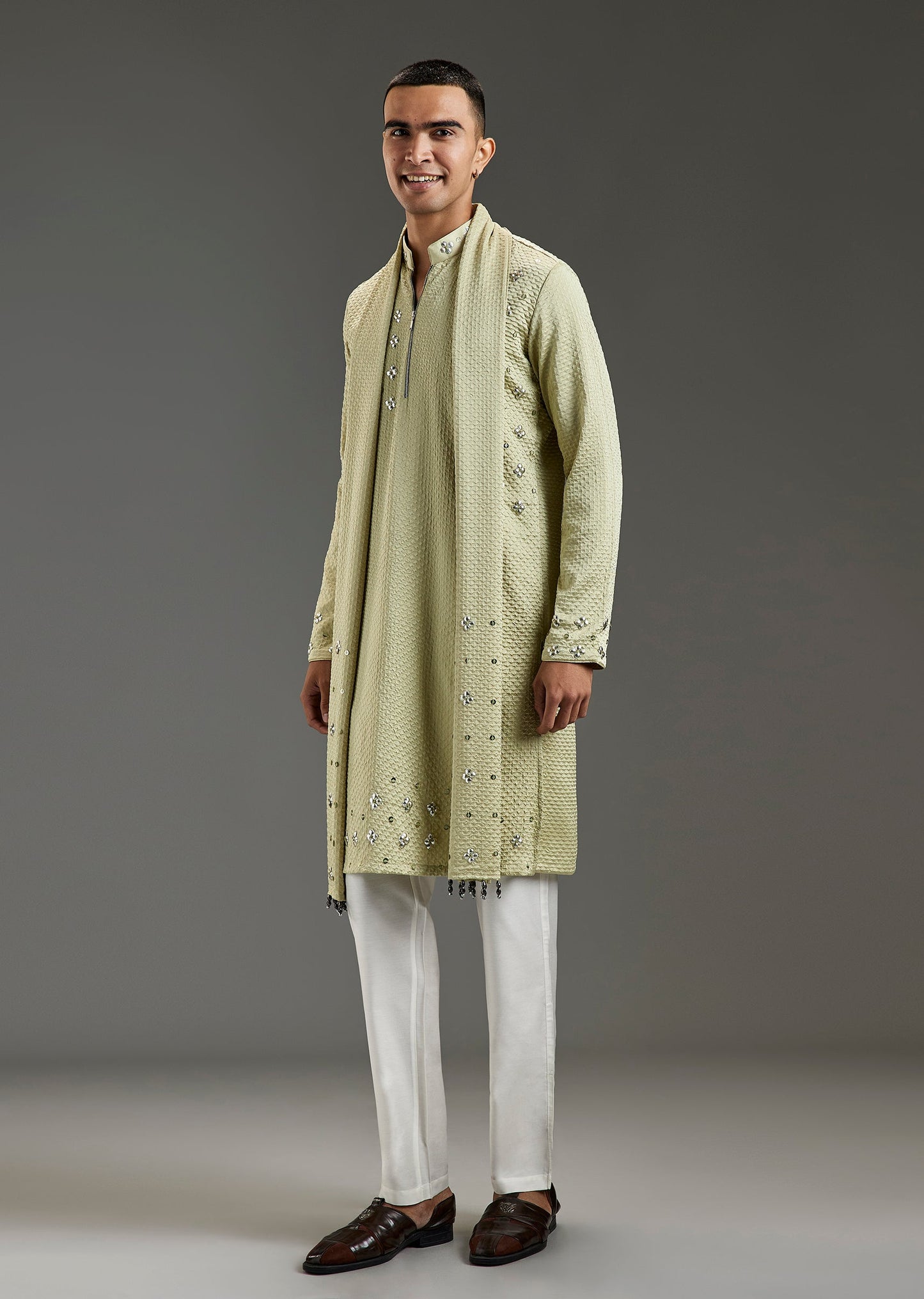 Lime Green Silk Kurta Set With Smocked Texture Metal Work And Dupatta