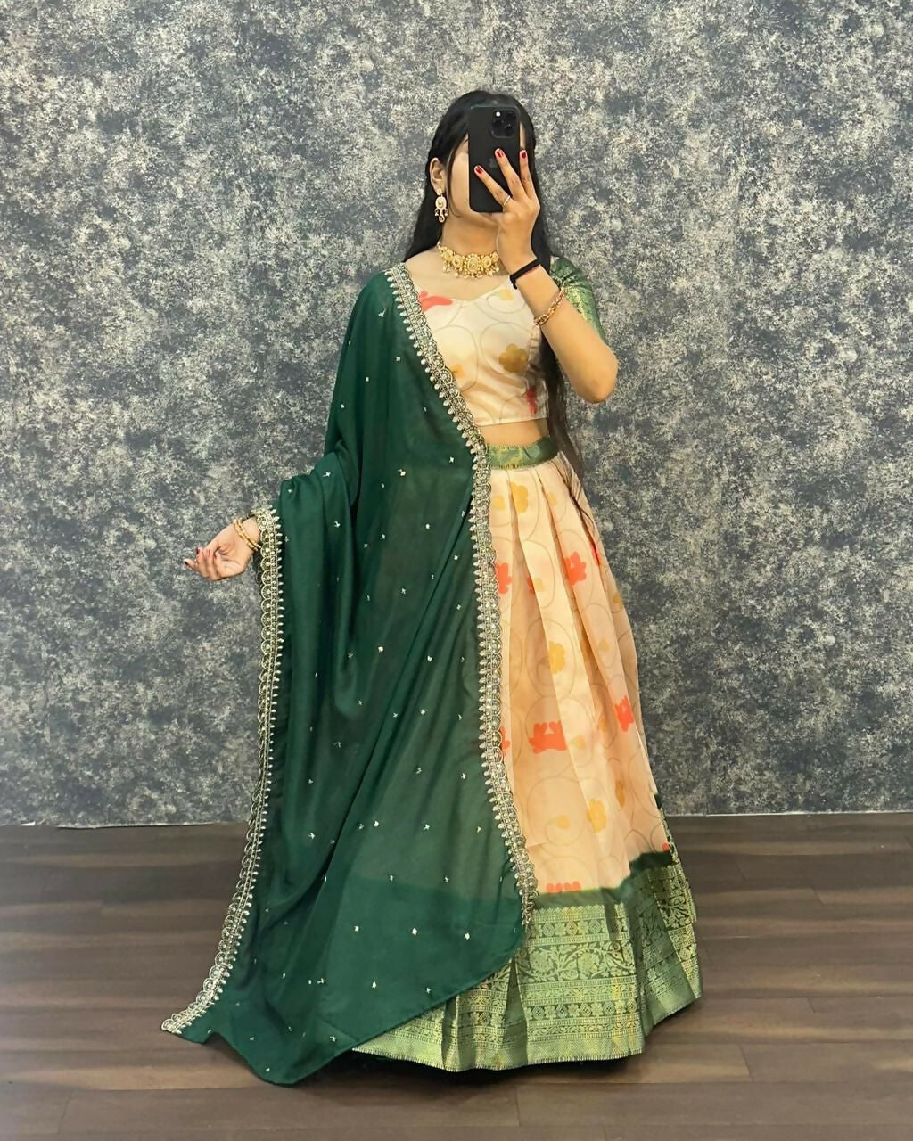 Teeya Creation Womens New Trendy Designer Green Floral Lehenga Choli Set with Contrast Border and Dupatta Set
