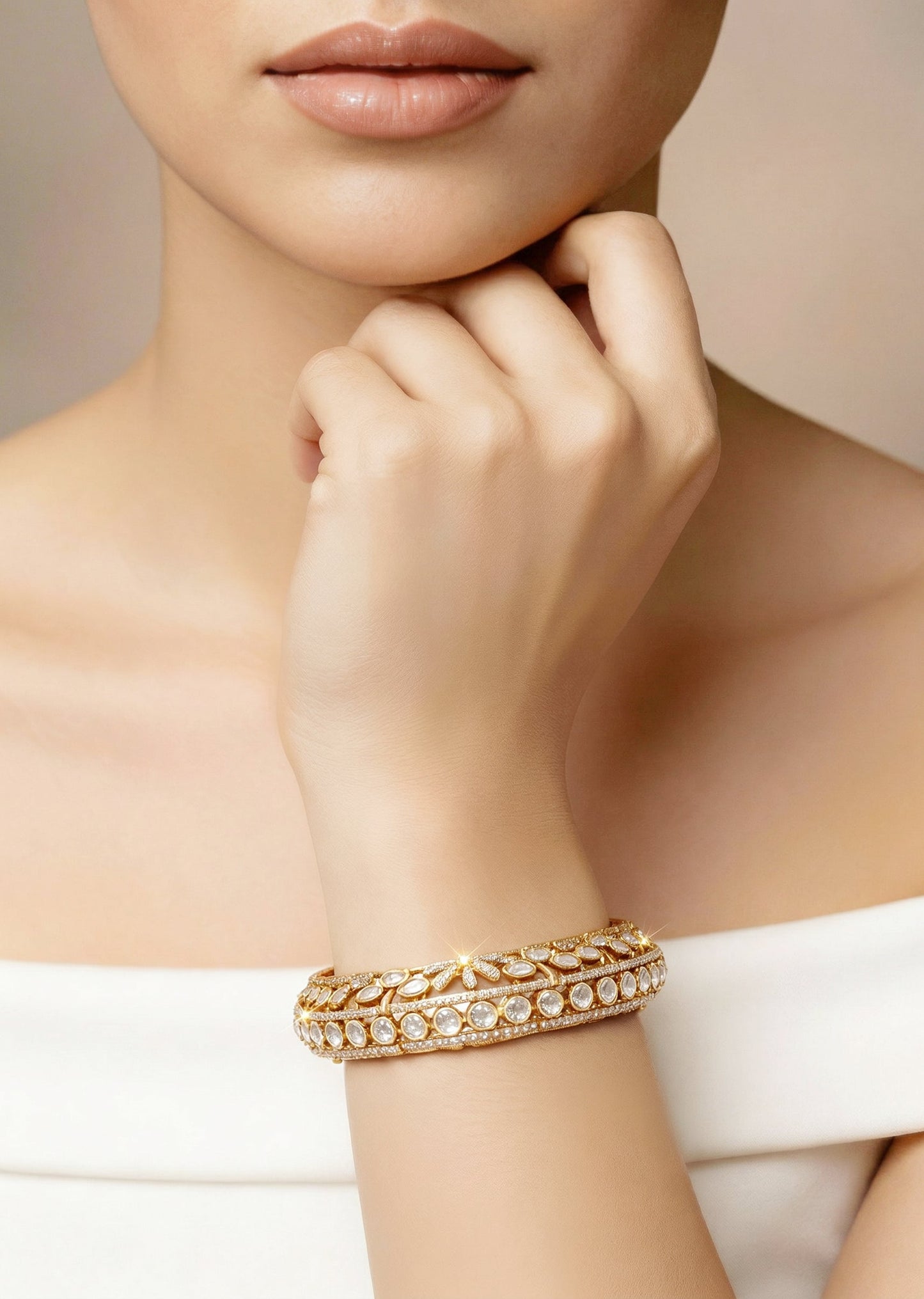 Lustrous White Gold Bangles With Intricate Bridal Detailing