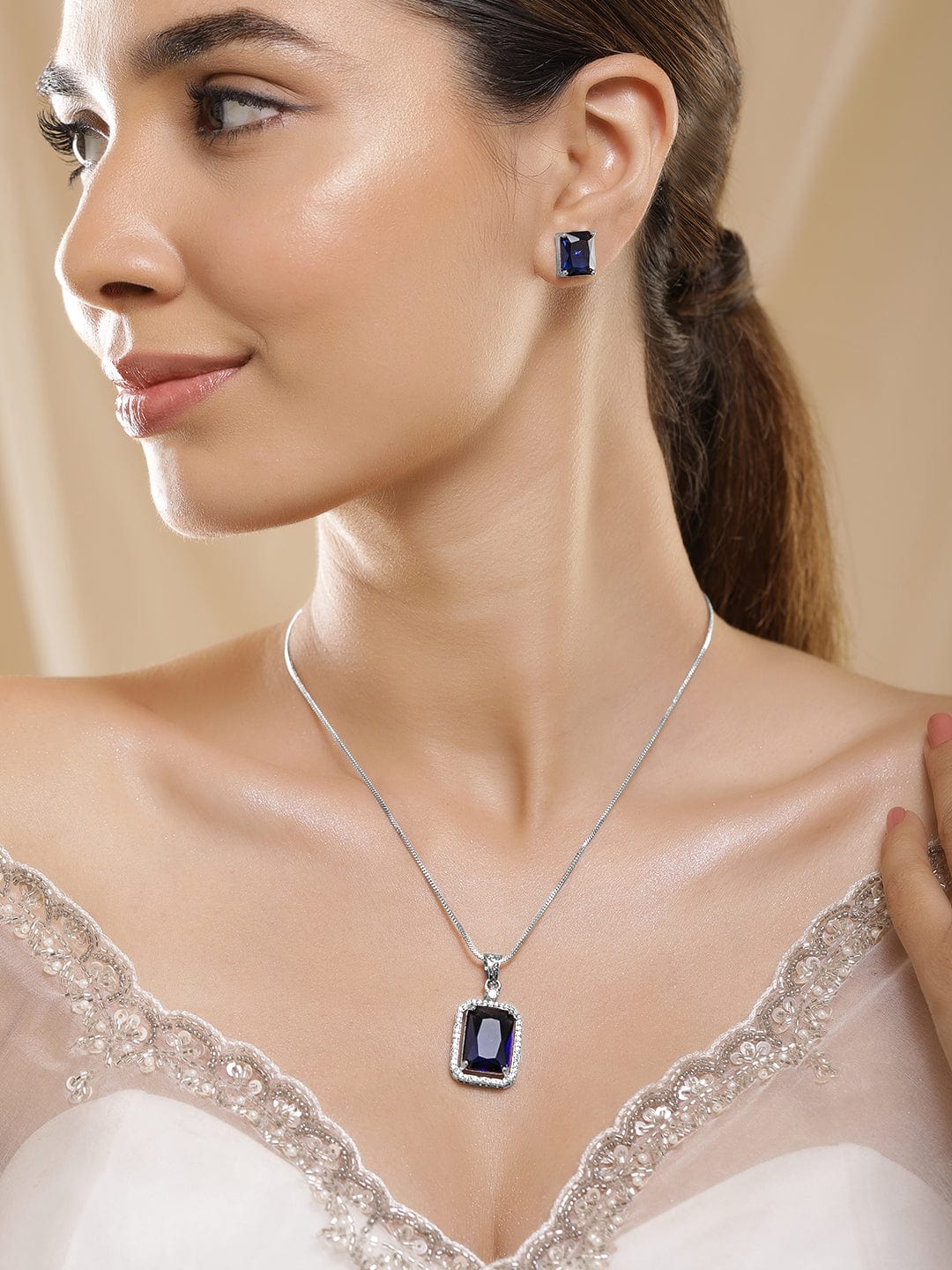 American Diamond Zirconia Blue Pendant Necklace Set