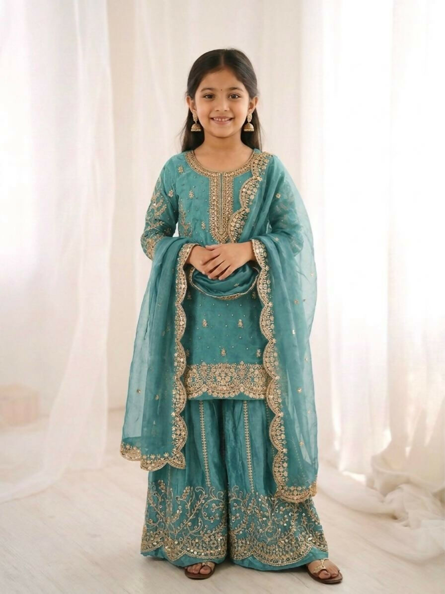 Teeya Creation New Trendy Fully Stitched Ready to Wear Kids Kurta Palazzo Set-Blue
