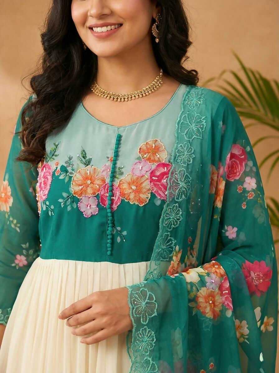 Teeya Creation Womens New Fancy Fox Georgette Heavy Quality Fabric With Handwork Teal Gown Set