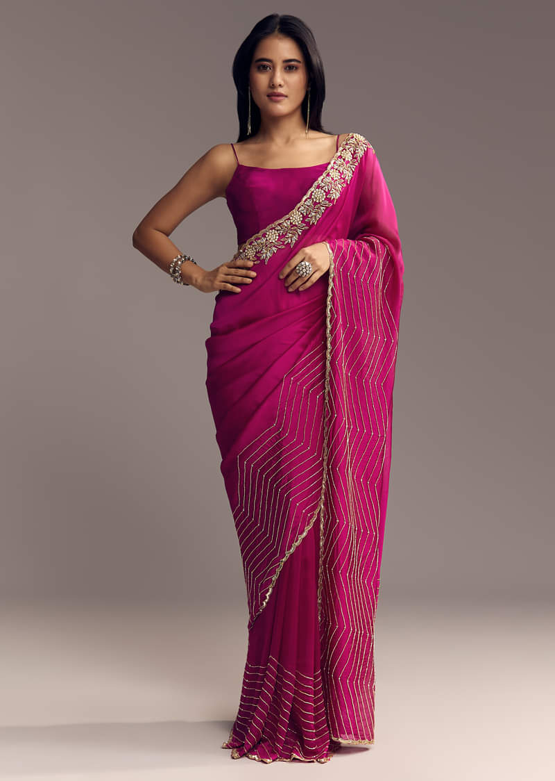 Magenta Organza Saree With Cut Dana And Sequin Embroidery