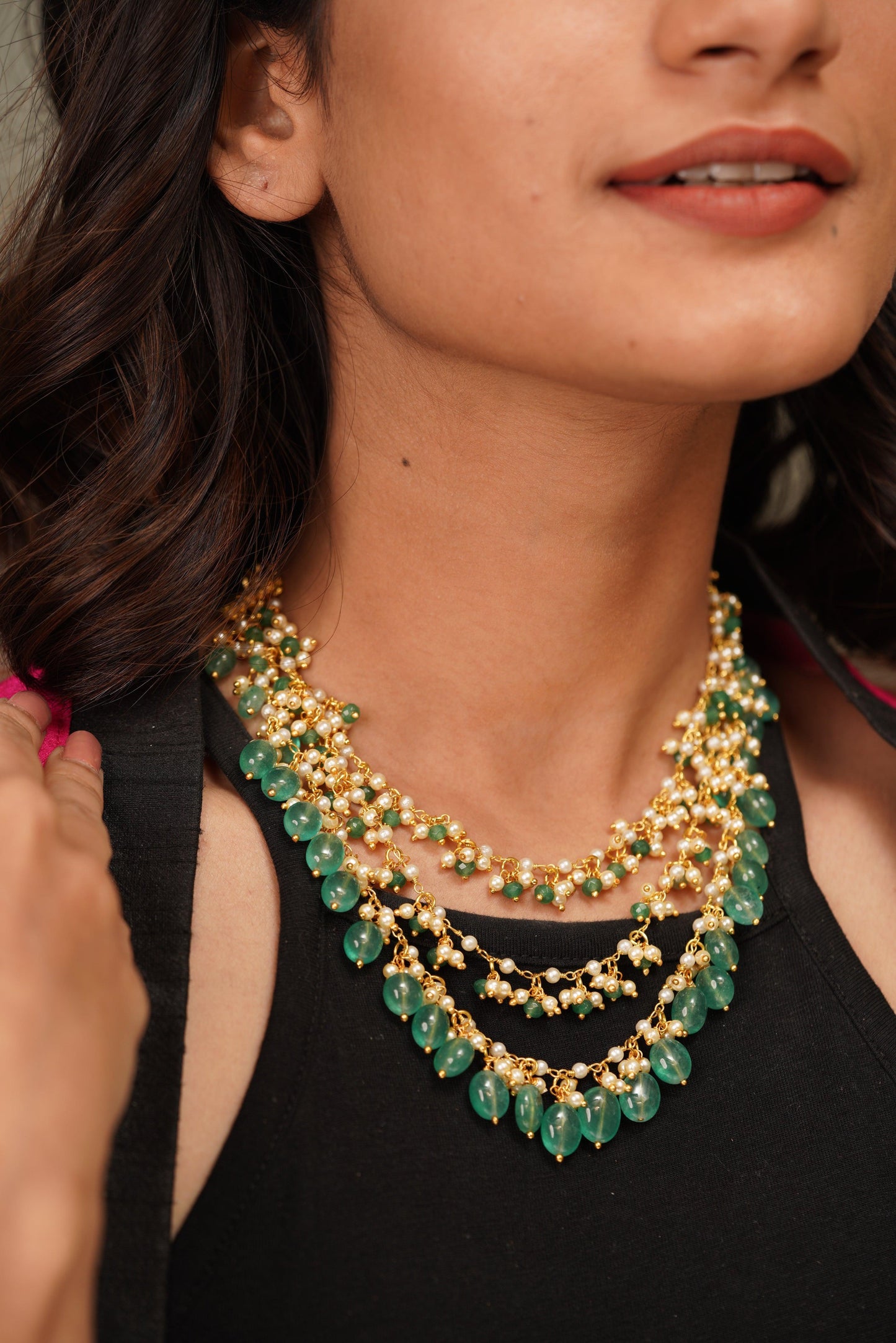 Maniya 3 layer Pearl String Emerald Cluster Necklace
