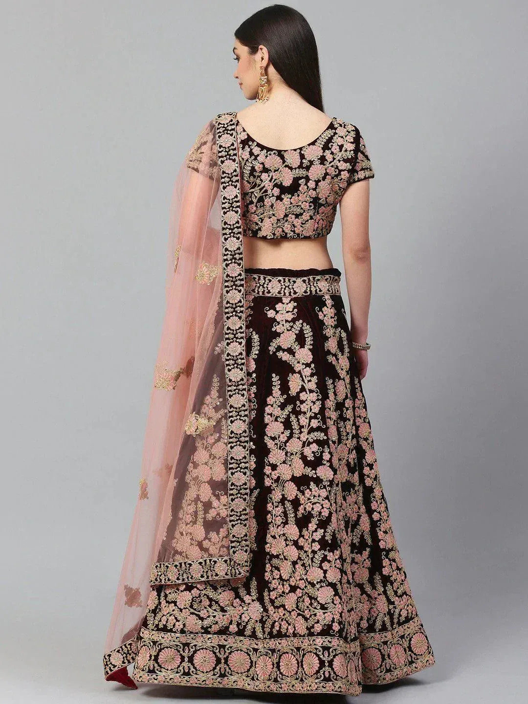 Tulsi Art Maroon & Peach-Coloured Embroidered Semi-Stitched Myntra Lehenga & Unstitched Blouse With Dupatta