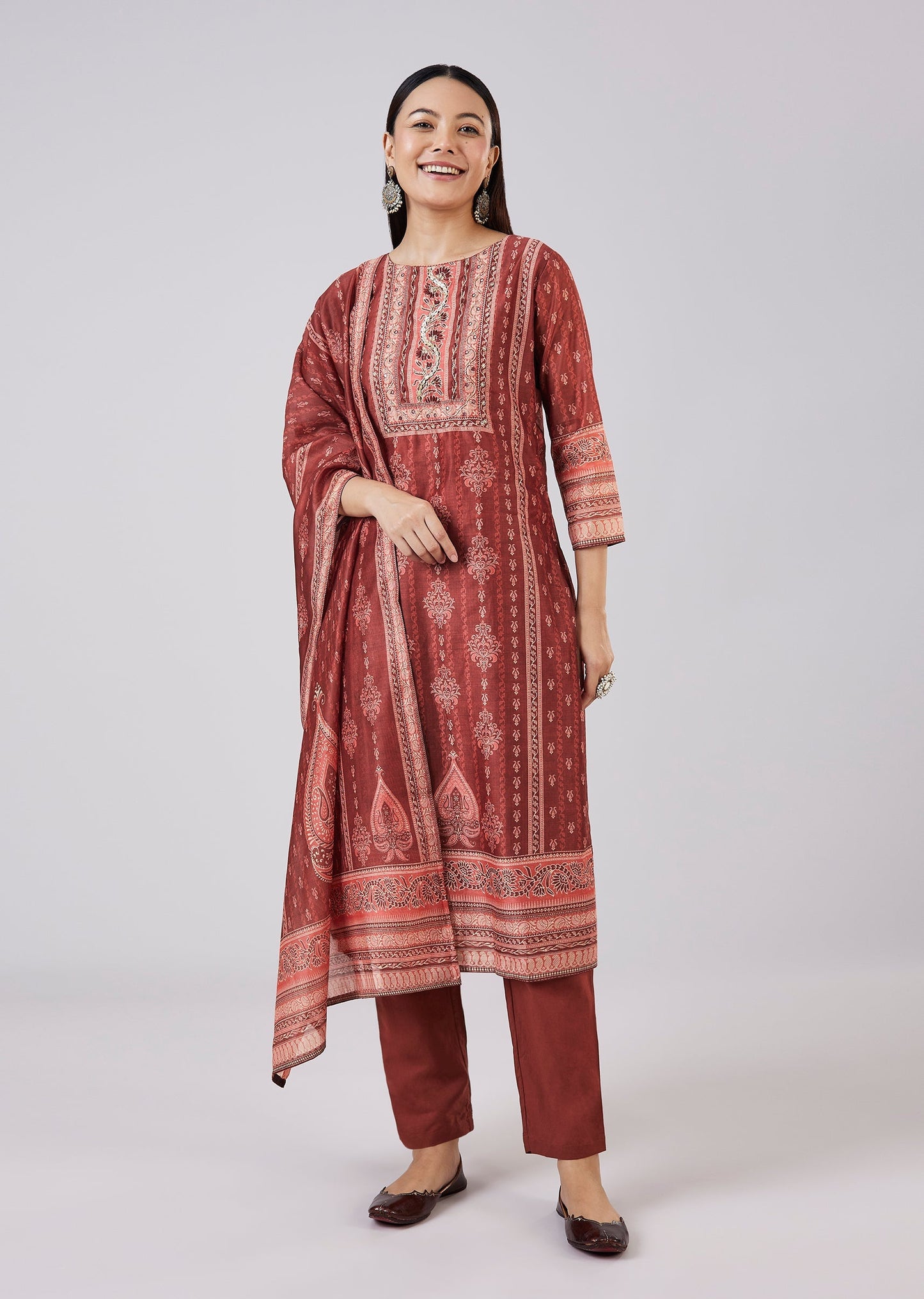 Maroon Chanderi Kurta Set With Sequins Detailing