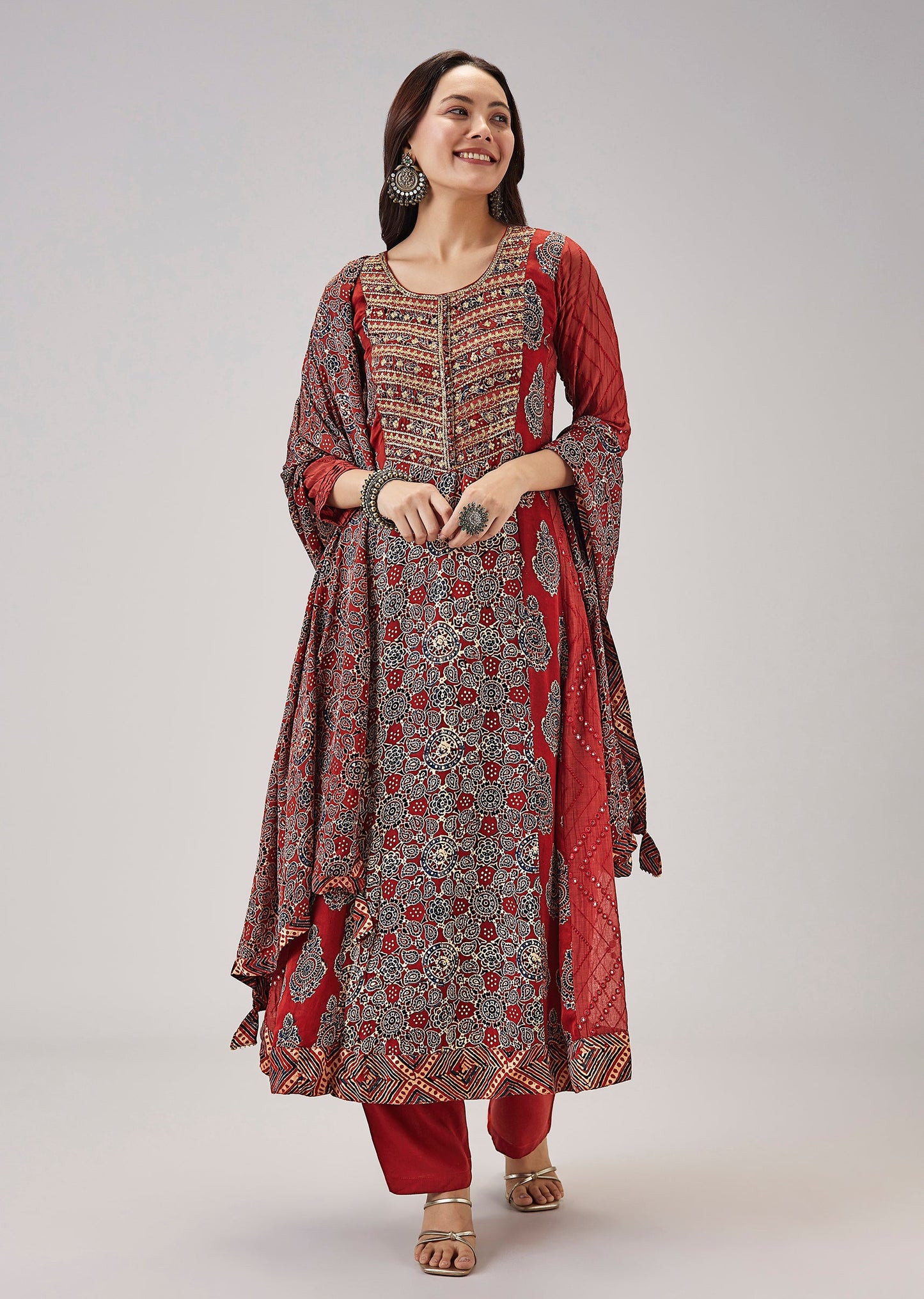 Maroon Pure Ajrakh Printed Anarkali Adorned With Zari Detailing