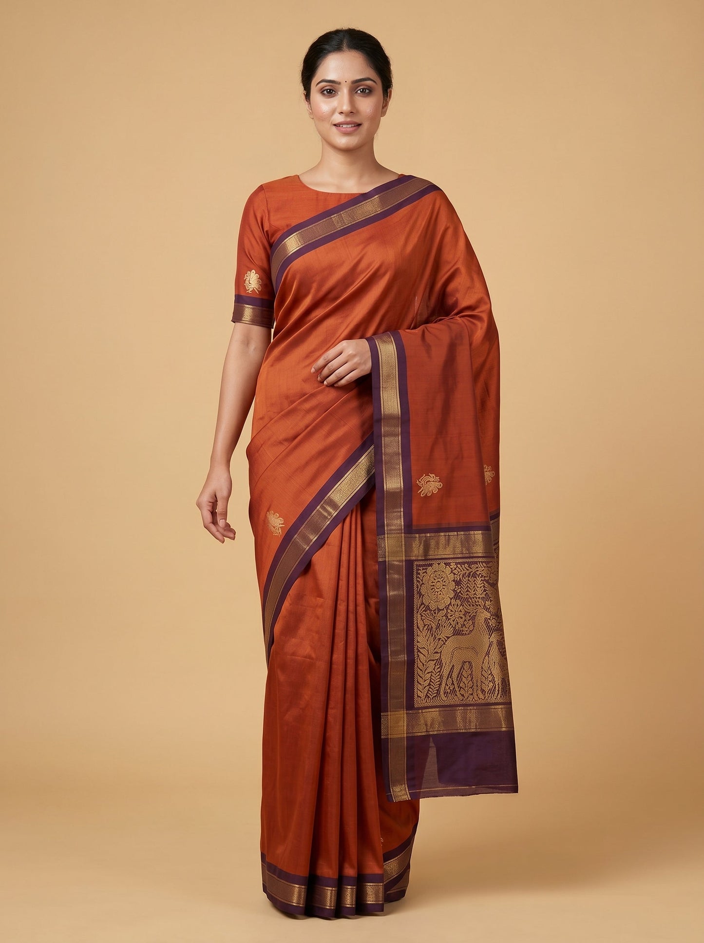 Maroon handloom saree with traditional border
