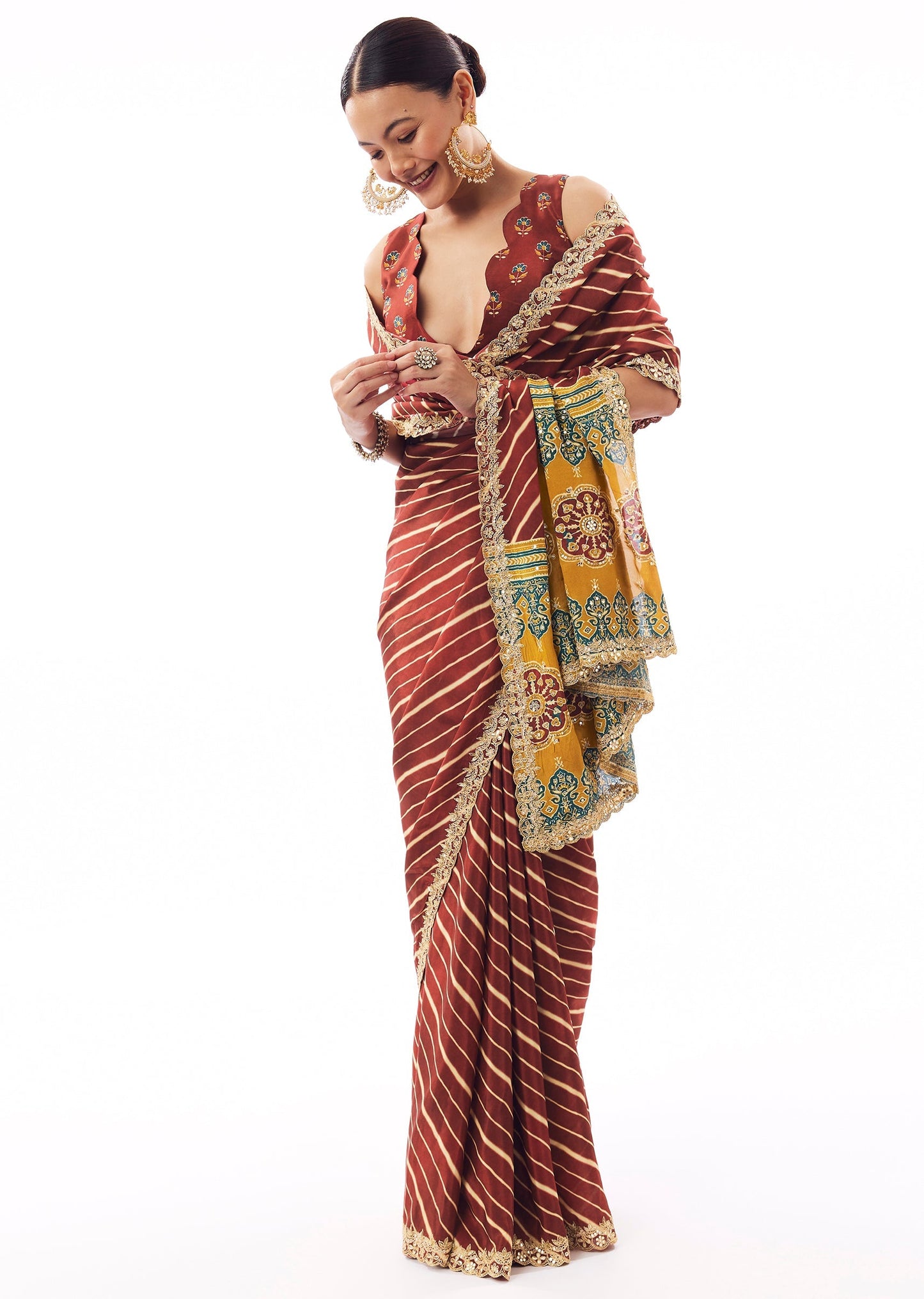 Maroon Lehariya Crepe Saree With Gotta Work
