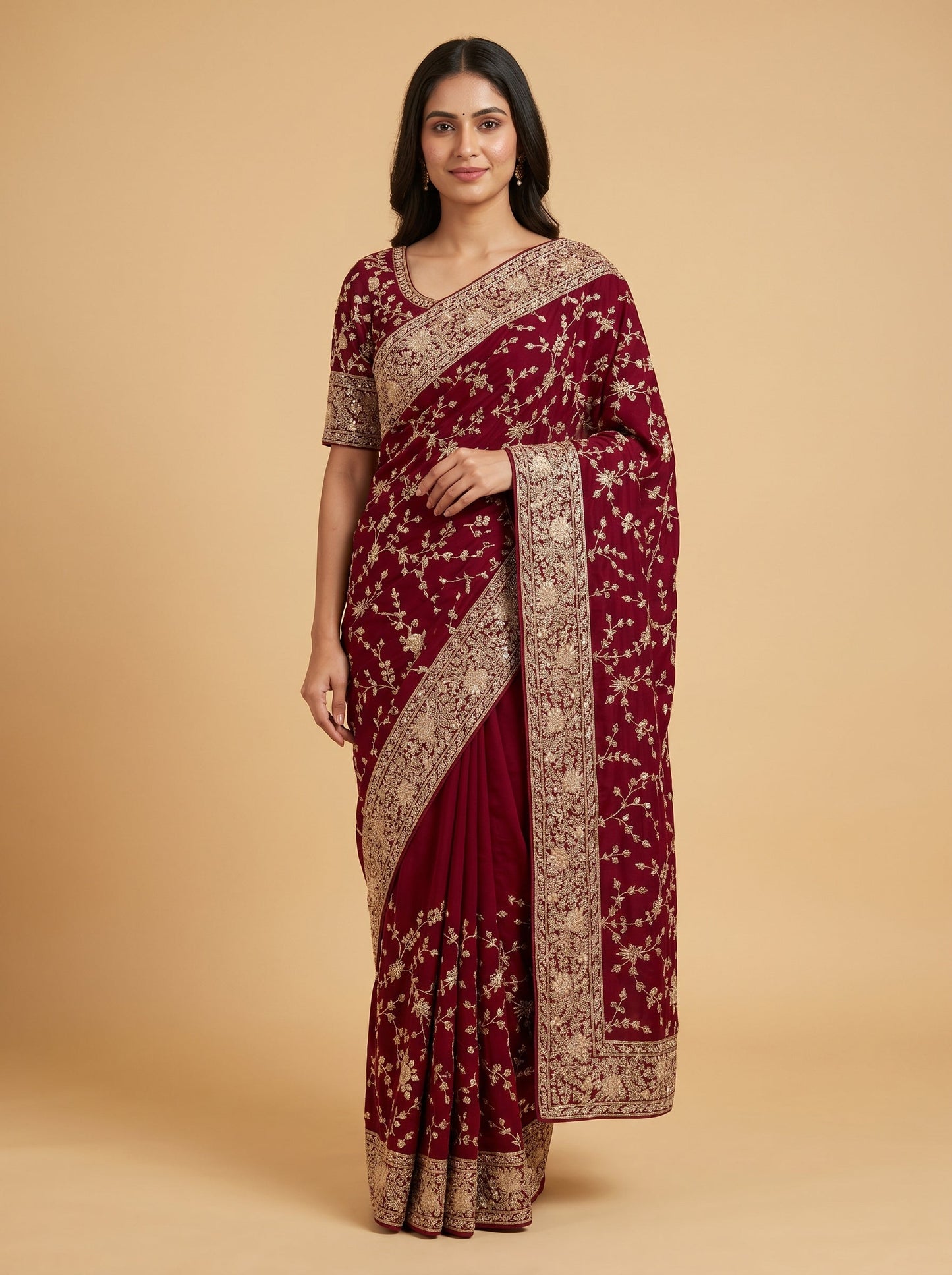 Maroon Opulent Threadwork Embroidered Saree